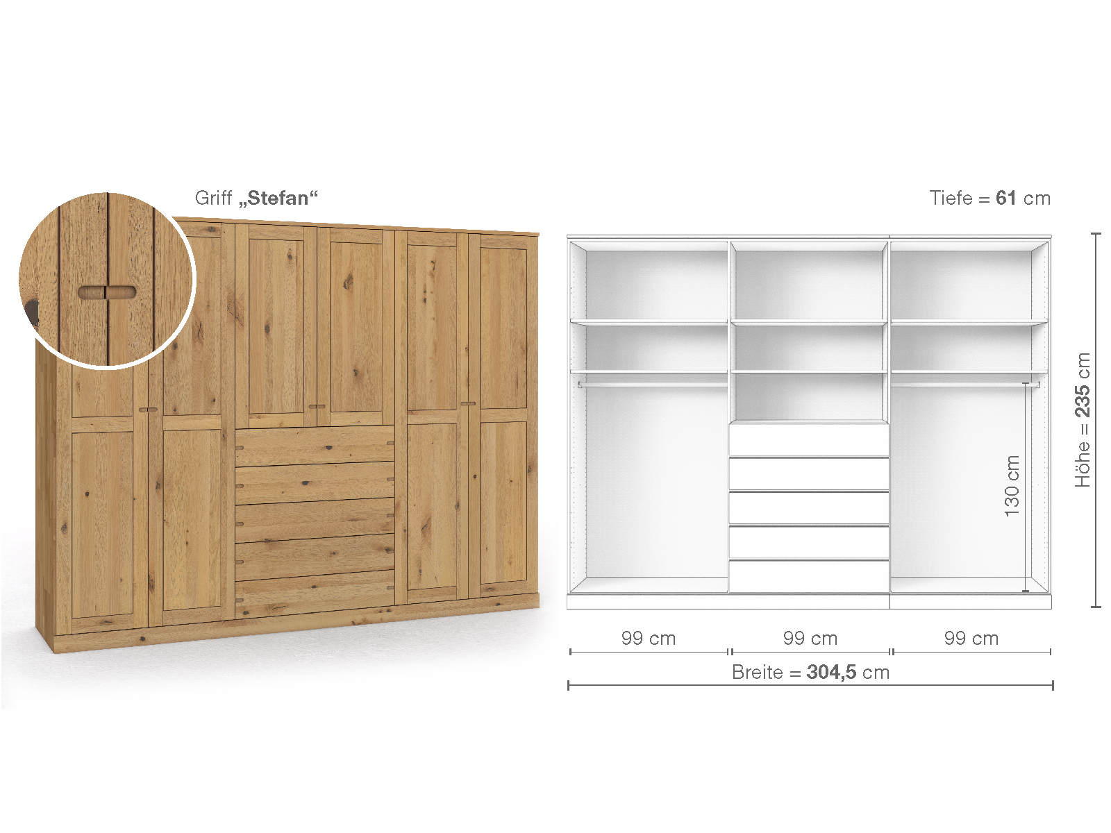 Schrank „Edelweiß“ aus Wildeiche Hell, 6-türig, Höhe 235 cm, Griffausführung „Stefan“, Inneneinrichtung D
