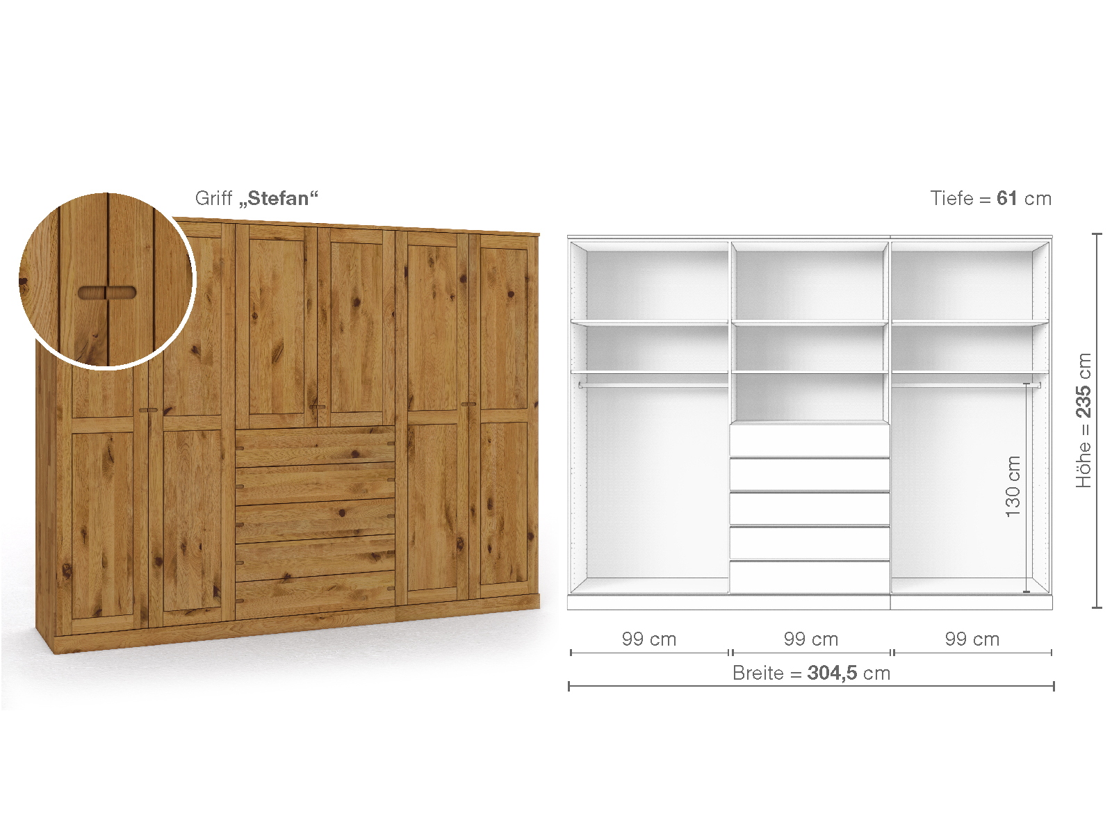 Schrank „Edelweiß“ aus Wildeiche, 6-türig, Höhe 235 cm, Griffausführung „Stefan“, Inneneinrichtung D