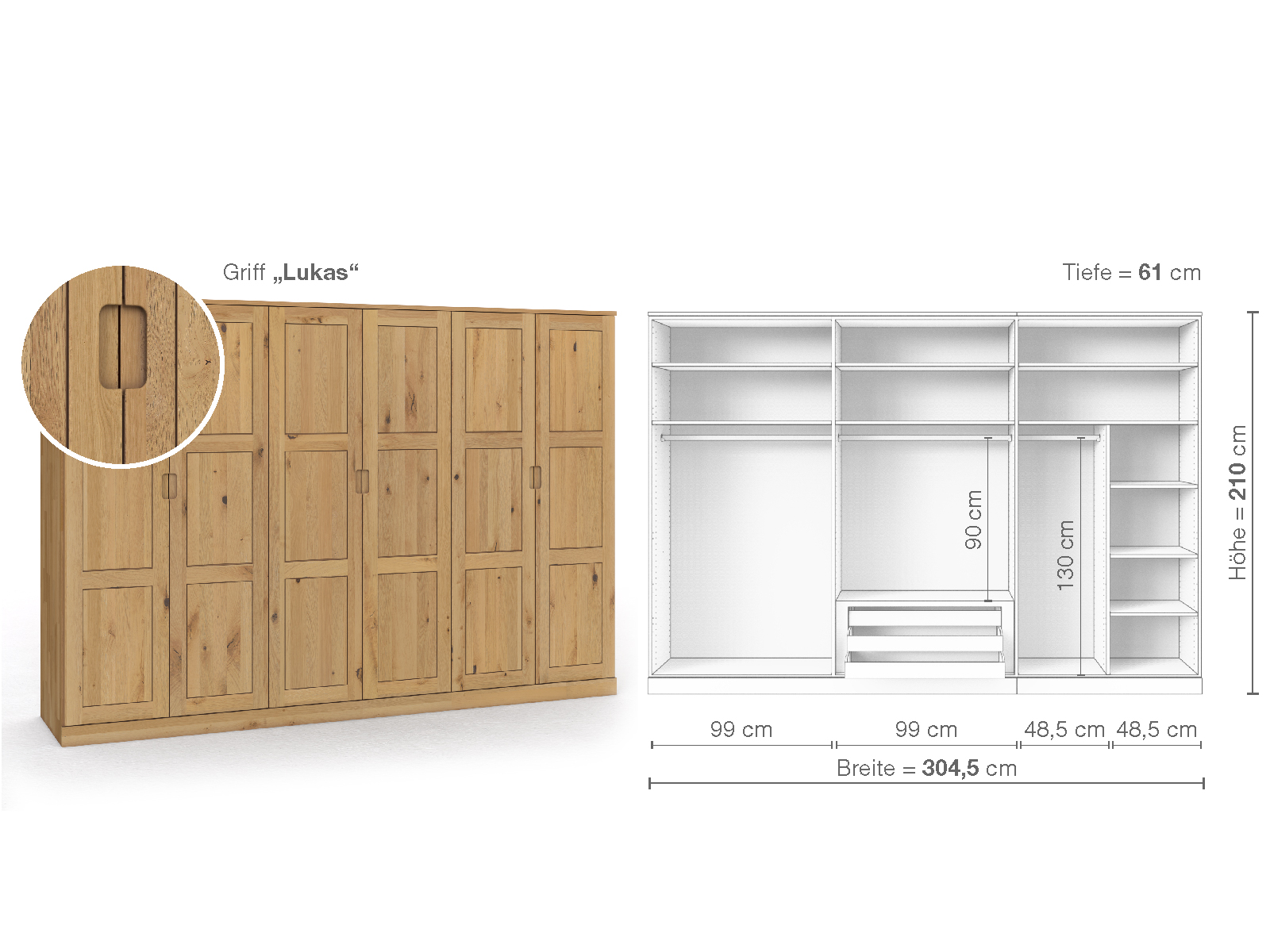 Schrank „Enzian“ aus Wildeiche Hell, 6-türig, Höhe 210 cm, Griffausführung „Lukas“, Inneneinrichtung B