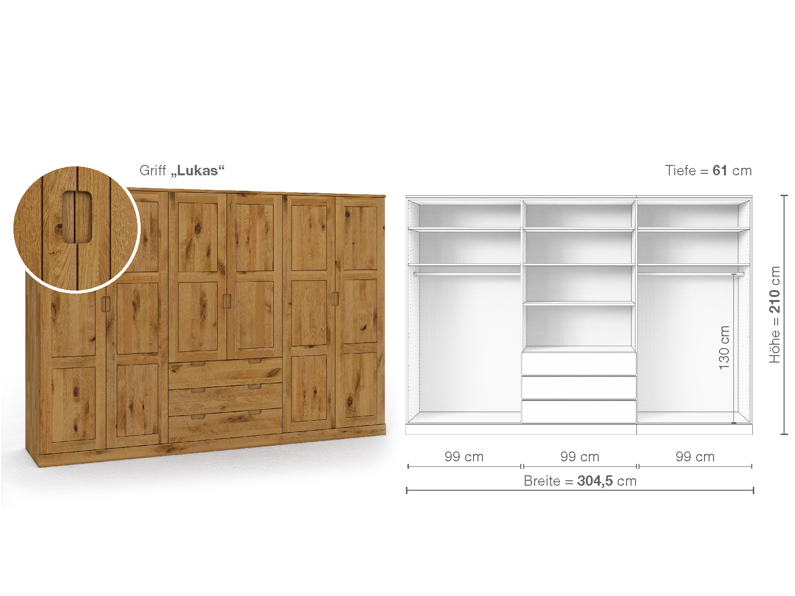 Schrank „Enzian“ aus Wildeiche, 6-türig, Höhe 210 cm, Griffausführung „Lukas“, Inneneinrichtung D