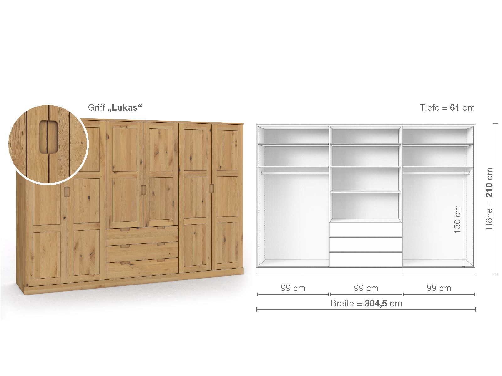 Schrank „Enzian“ aus Wildeiche Hell, 6-türig, Höhe 210 cm, Griffausführung „Lukas“, Inneneinrichtung D