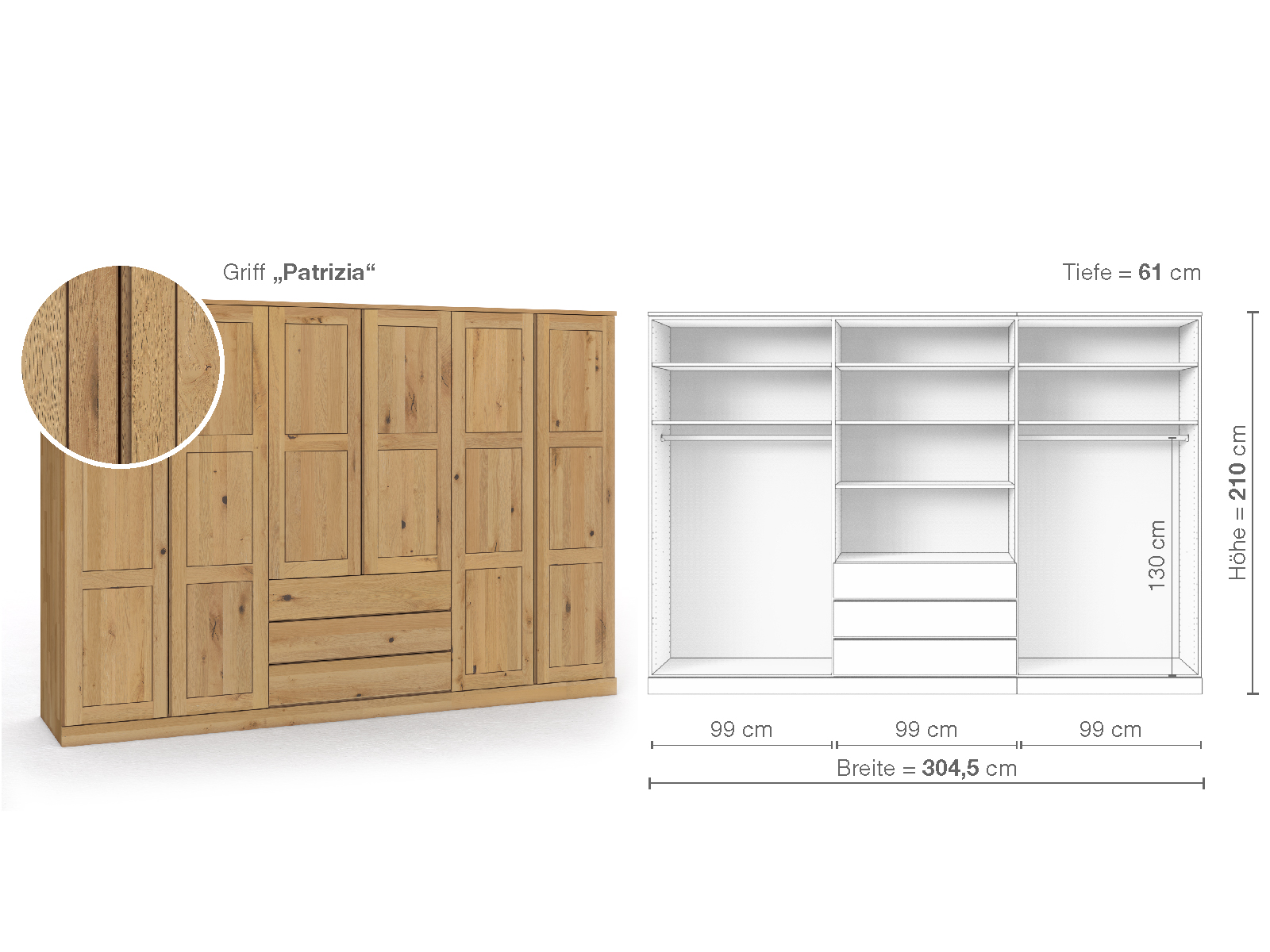 Schrank „Enzian“ aus Wildeiche Hell, 6-türig, Höhe 210 cm, Griffausführung „Patrizia“, Inneneinrichtung D