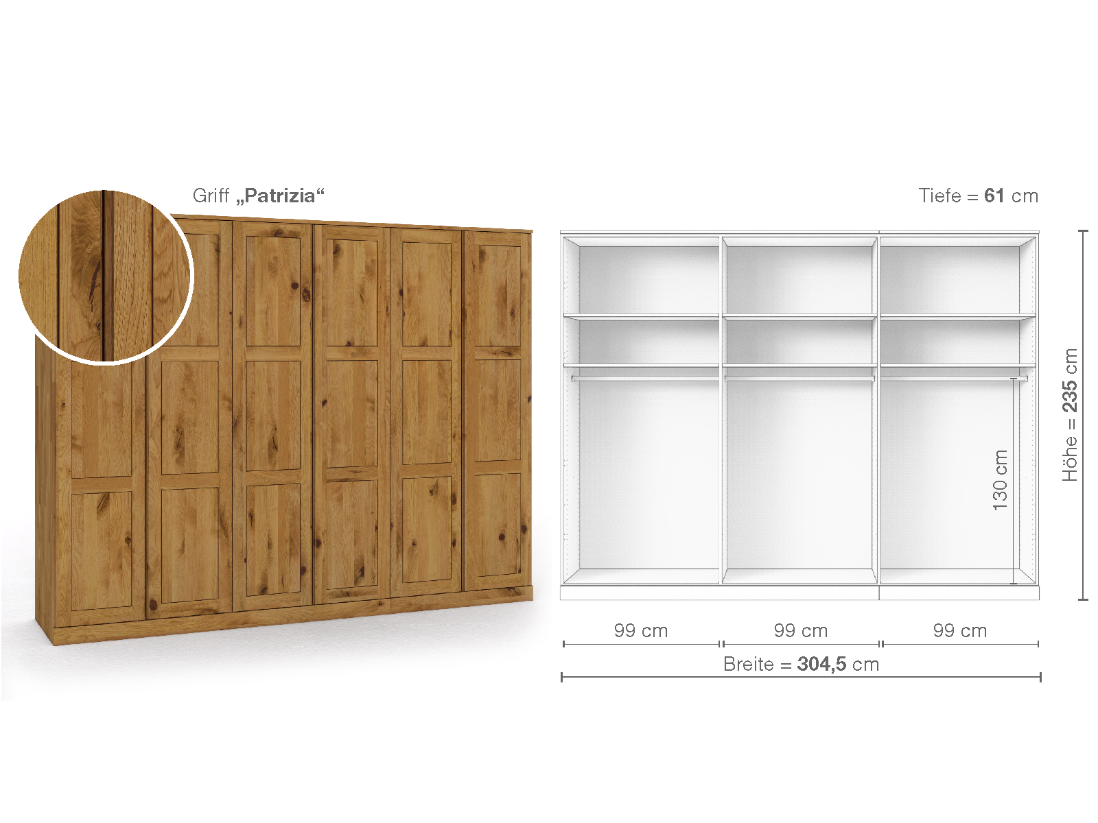 Schrank „Enzian“ aus Wildeiche, 6-türig, Höhe 235 cm, Griffausführung „Patrizia“, Inneneinrichtung A