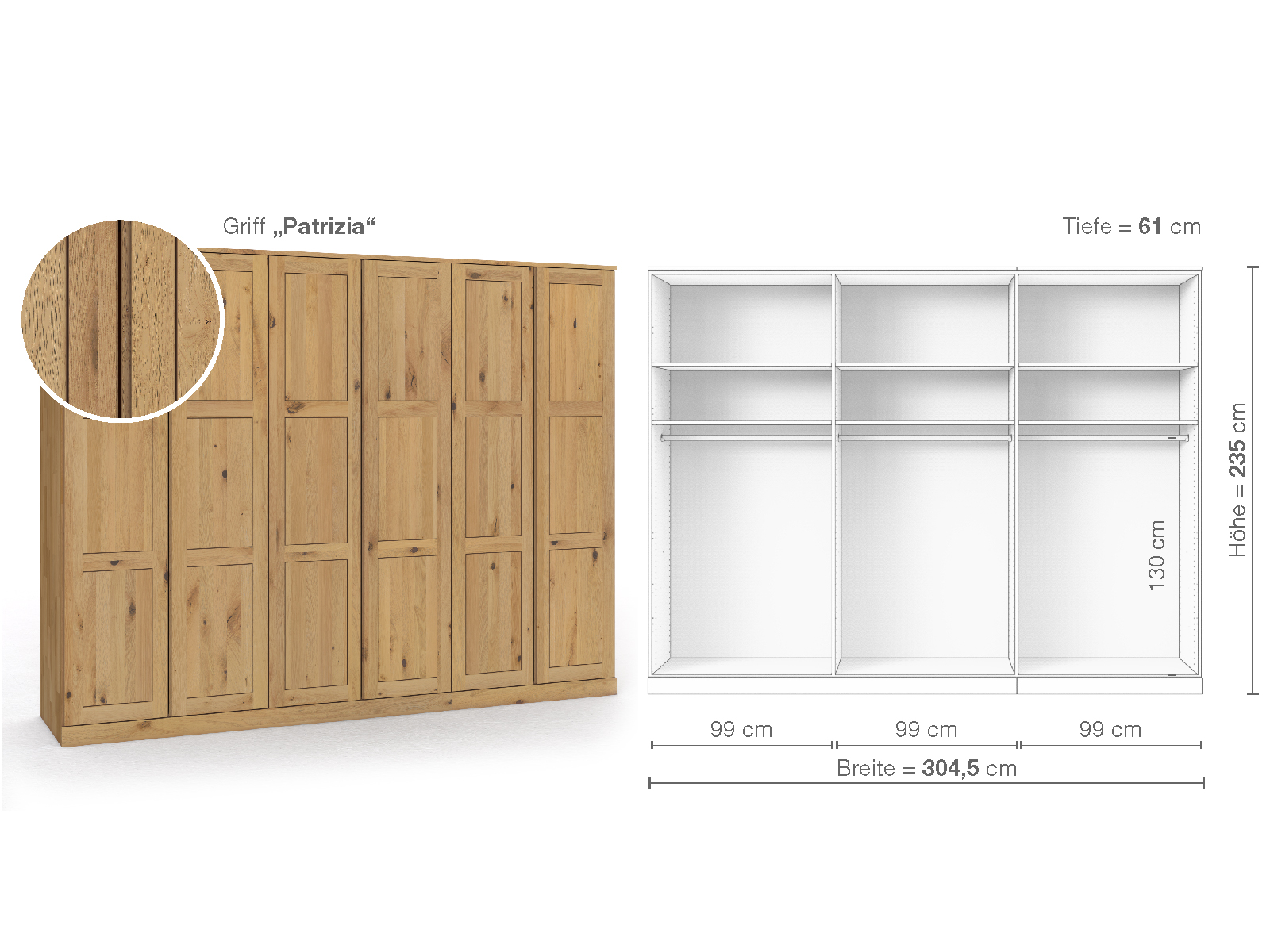 Schrank „Enzian“ aus Wildeiche Hell, 6-türig, Höhe 235 cm, Griffausführung „Patrizia“, Inneneinrichtung A