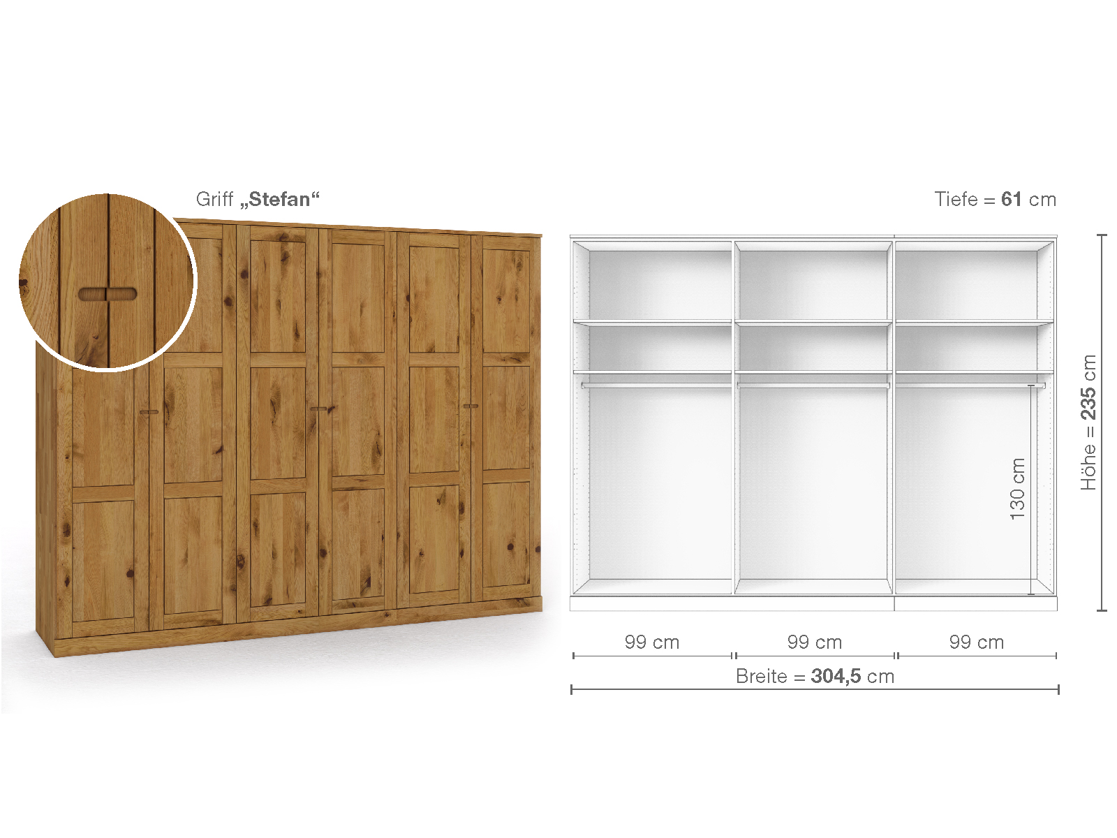 Schrank „Enzian“ aus Wildeiche, 6-türig, Höhe 235 cm, Griffausführung „Stefan“, Inneneinrichtung A