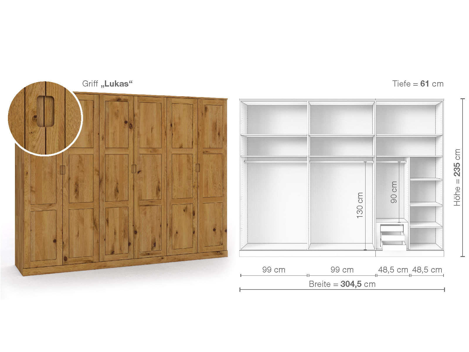 Schrank „Enzian“ aus Wildeiche, 6-türig, Höhe 235 cm, Griffausführung „Lukas“, Inneneinrichtung C