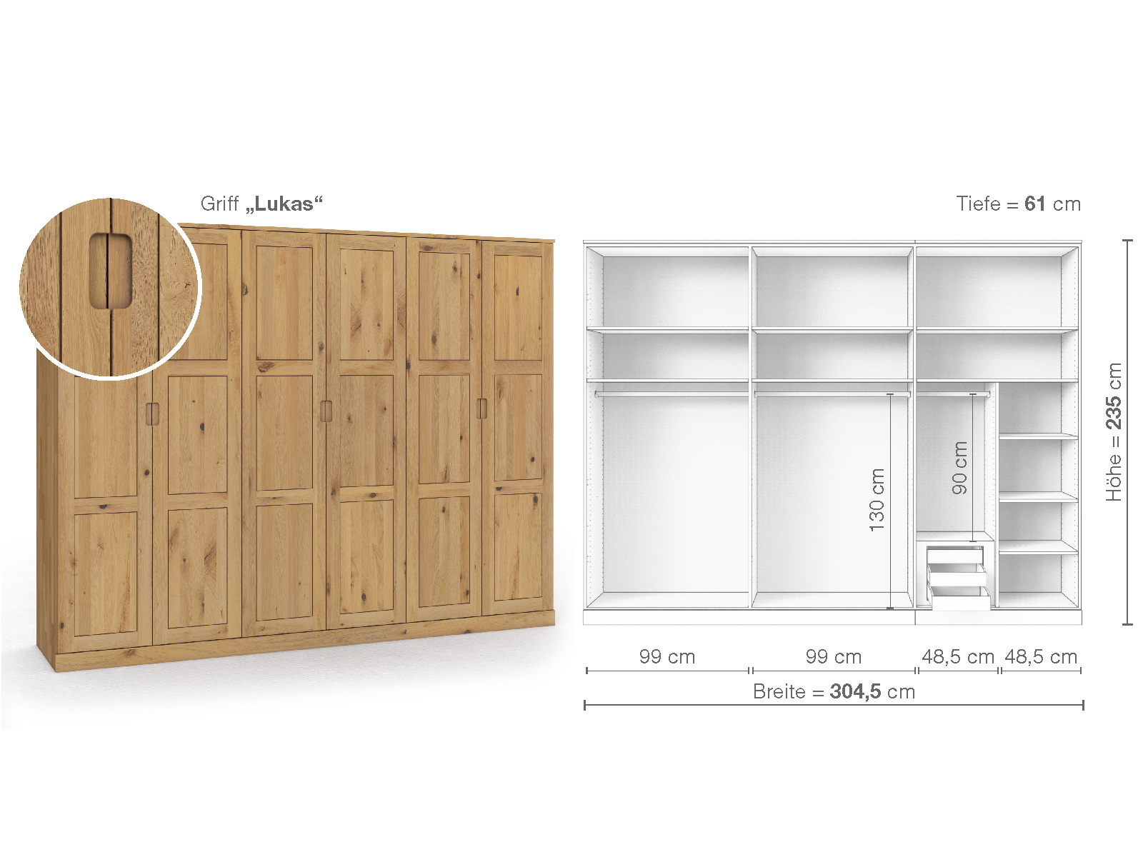 Schrank „Enzian“ aus Wildeiche Hell, 6-türig, Höhe 235 cm, Griffausführung „Lukas“, Inneneinrichtung C