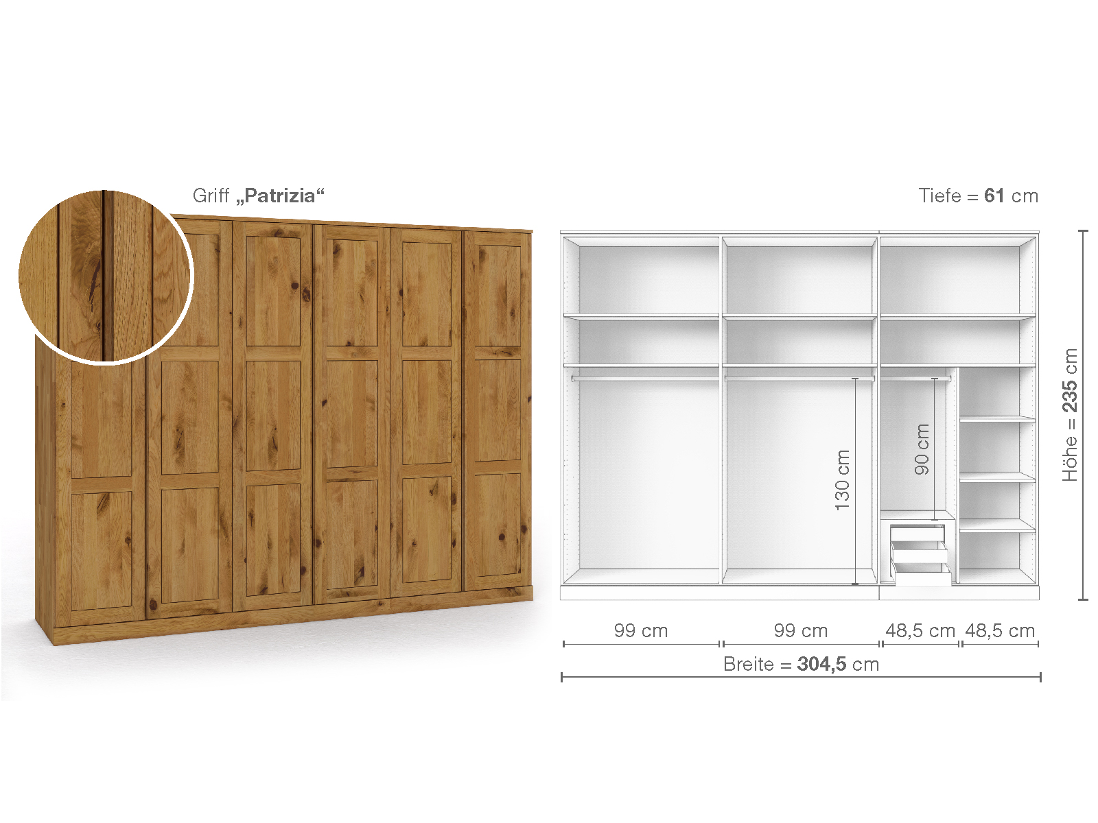 Schrank „Enzian“ aus Wildeiche, 6-türig, Höhe 235 cm, Griffausführung „Patrizia“, Inneneinrichtung C