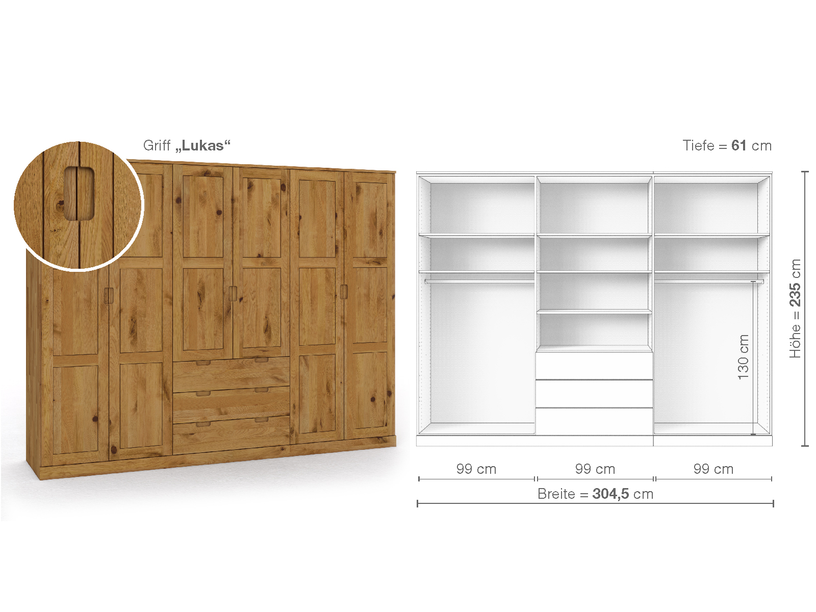 Schrank „Enzian“ aus Wildeiche, 6-türig, Höhe 235 cm, Griffausführung „Lukas“, Inneneinrichtung D