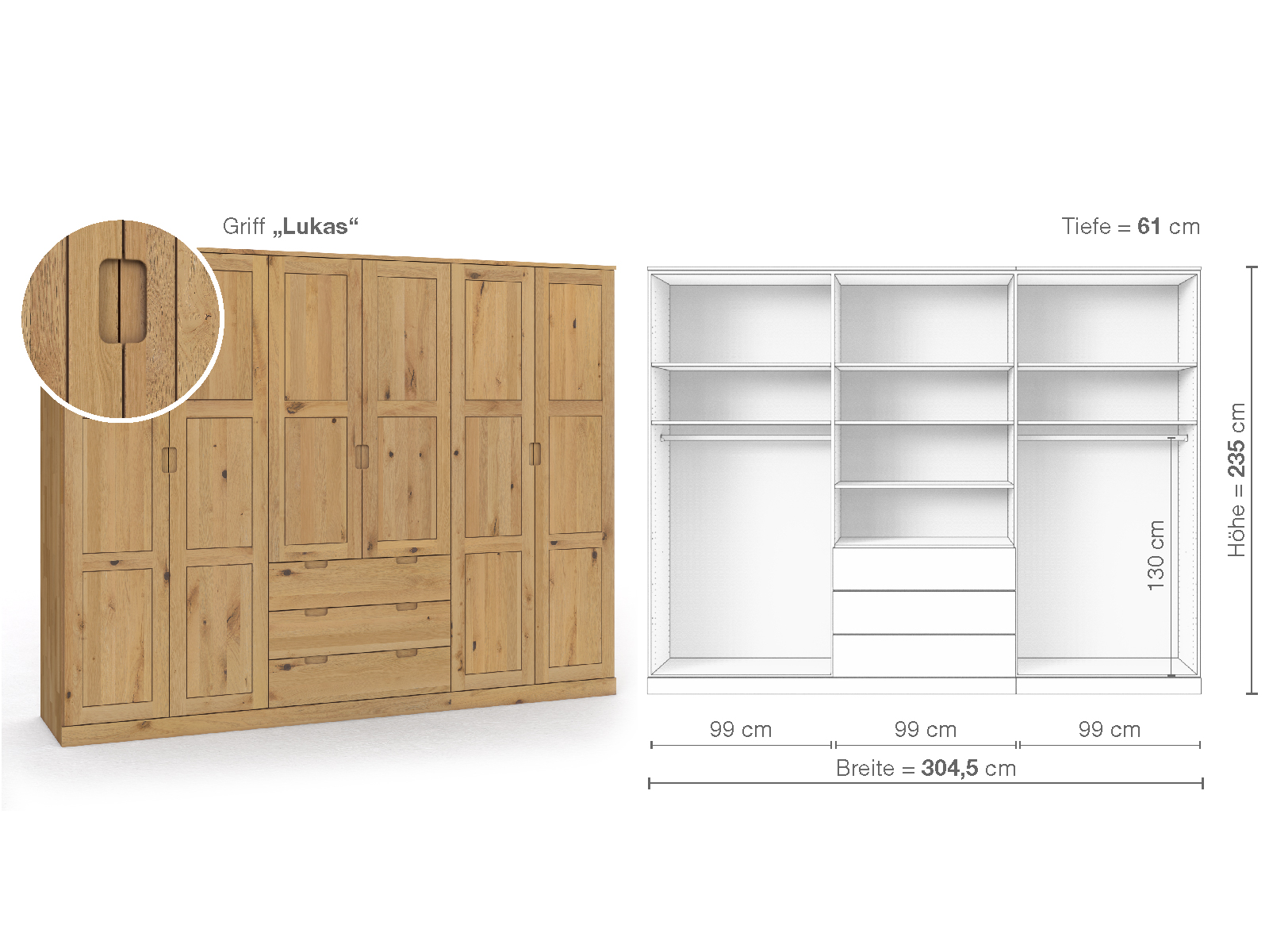Schrank „Enzian“ aus Wildeiche Hell, 6-türig, Höhe 235 cm, Griffausführung „Lukas“, Inneneinrichtung D