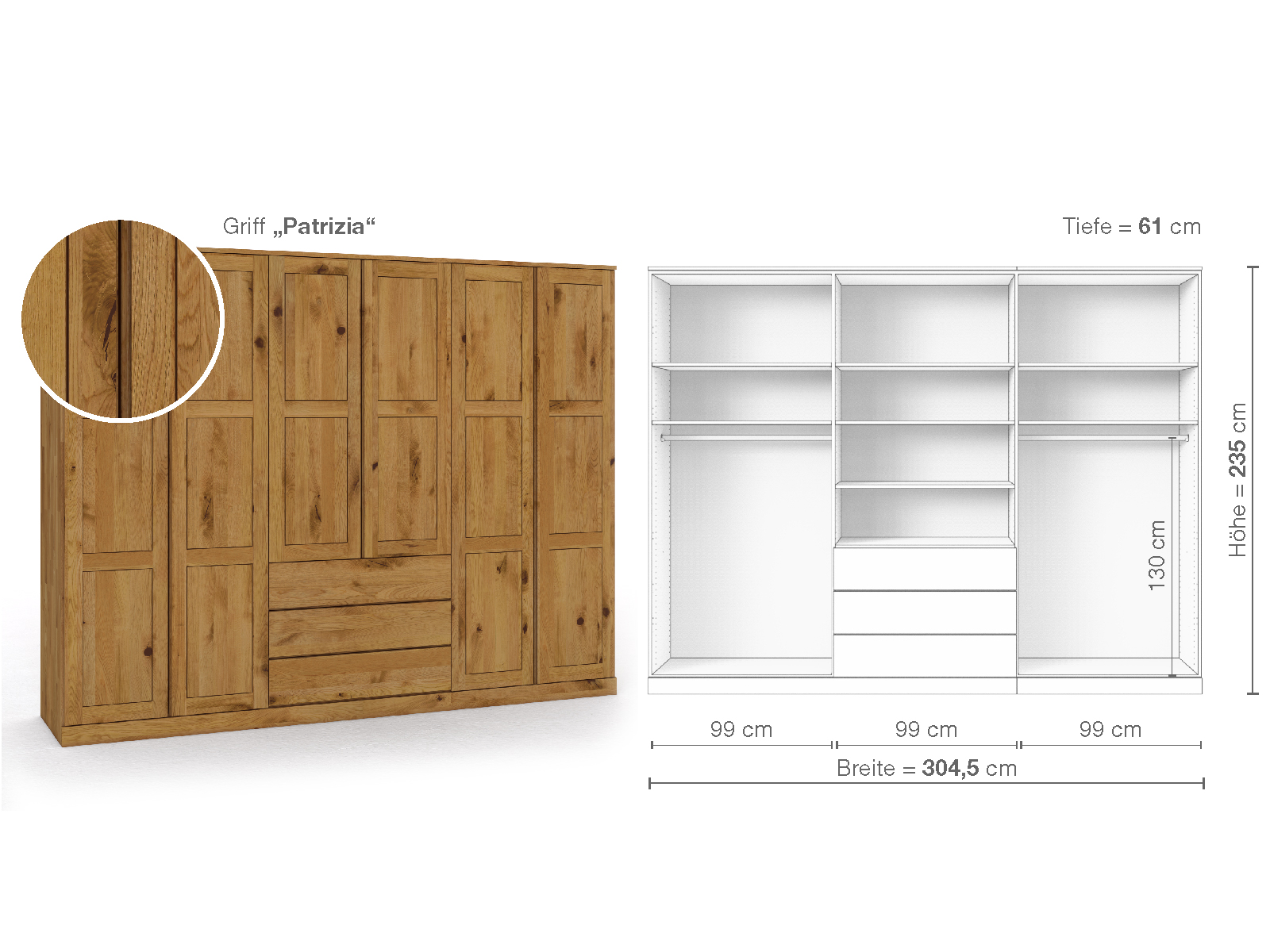 Schrank „Enzian“ aus Wildeiche, 6-türig, Höhe 235 cm, Griffausführung „Patrizia“, Inneneinrichtung D