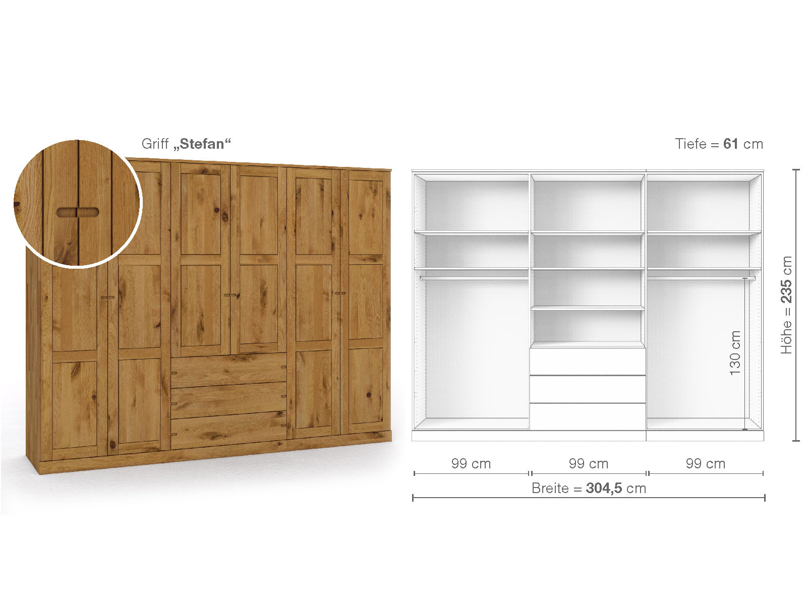 Schrank „Enzian“ aus Wildeiche, 6-türig, Höhe 235 cm, Griffausführung „Stefan“, Inneneinrichtung D