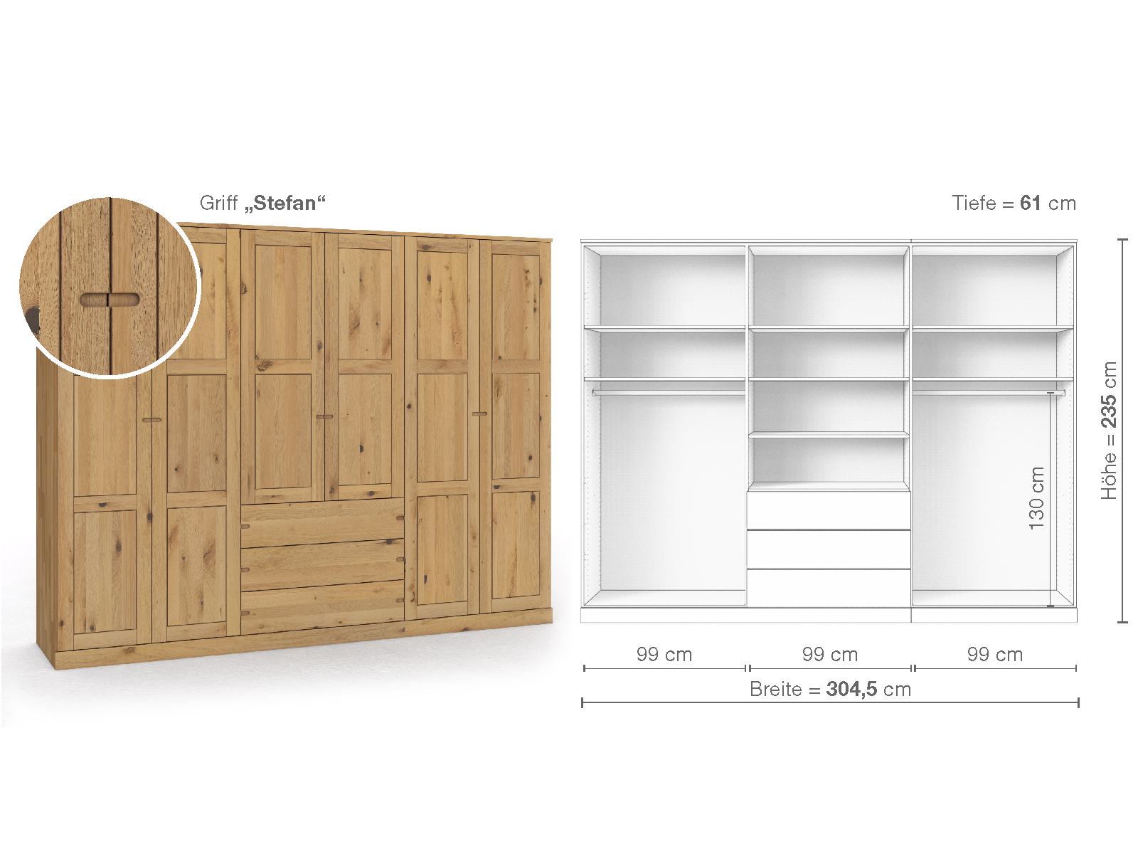 Schrank „Enzian“ aus Wildeiche Hell, 6-türig, Höhe 235 cm, Griffausführung „Stefan“, Inneneinrichtung D