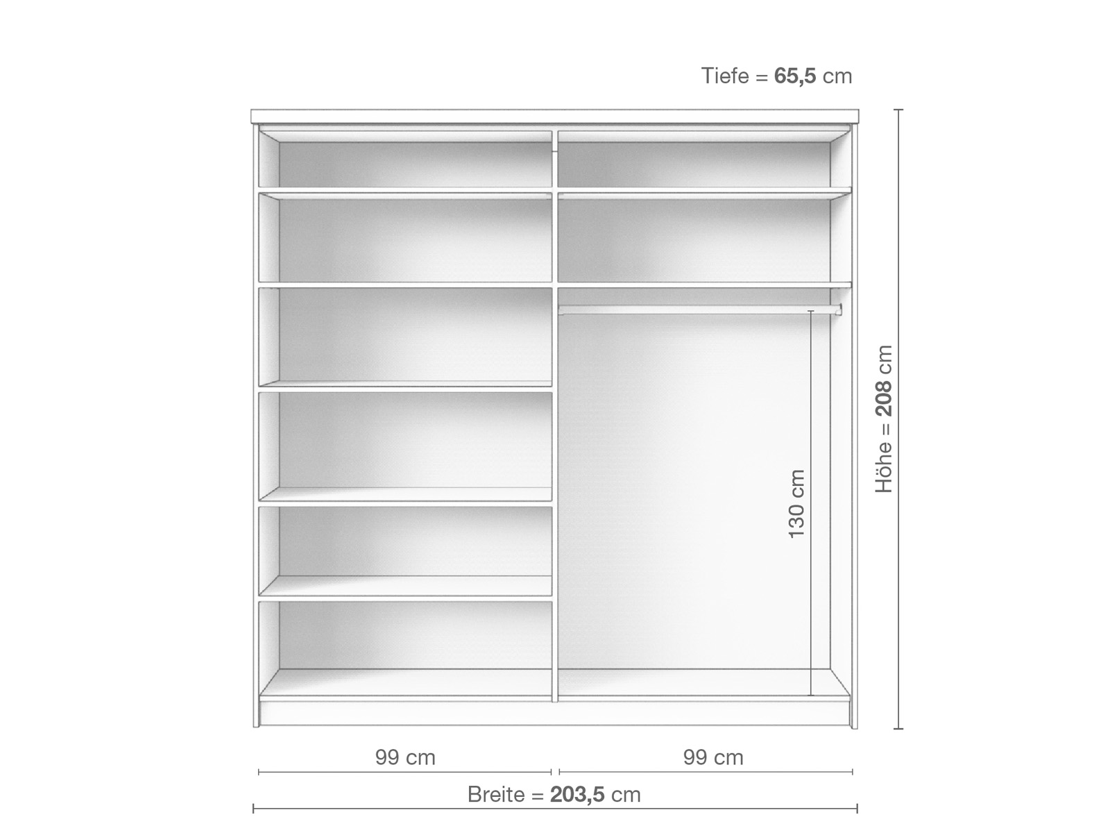 Zirbenschrank „Oskar", 2-türig breit, Höhe 208 cm, Inneneinrichtung B