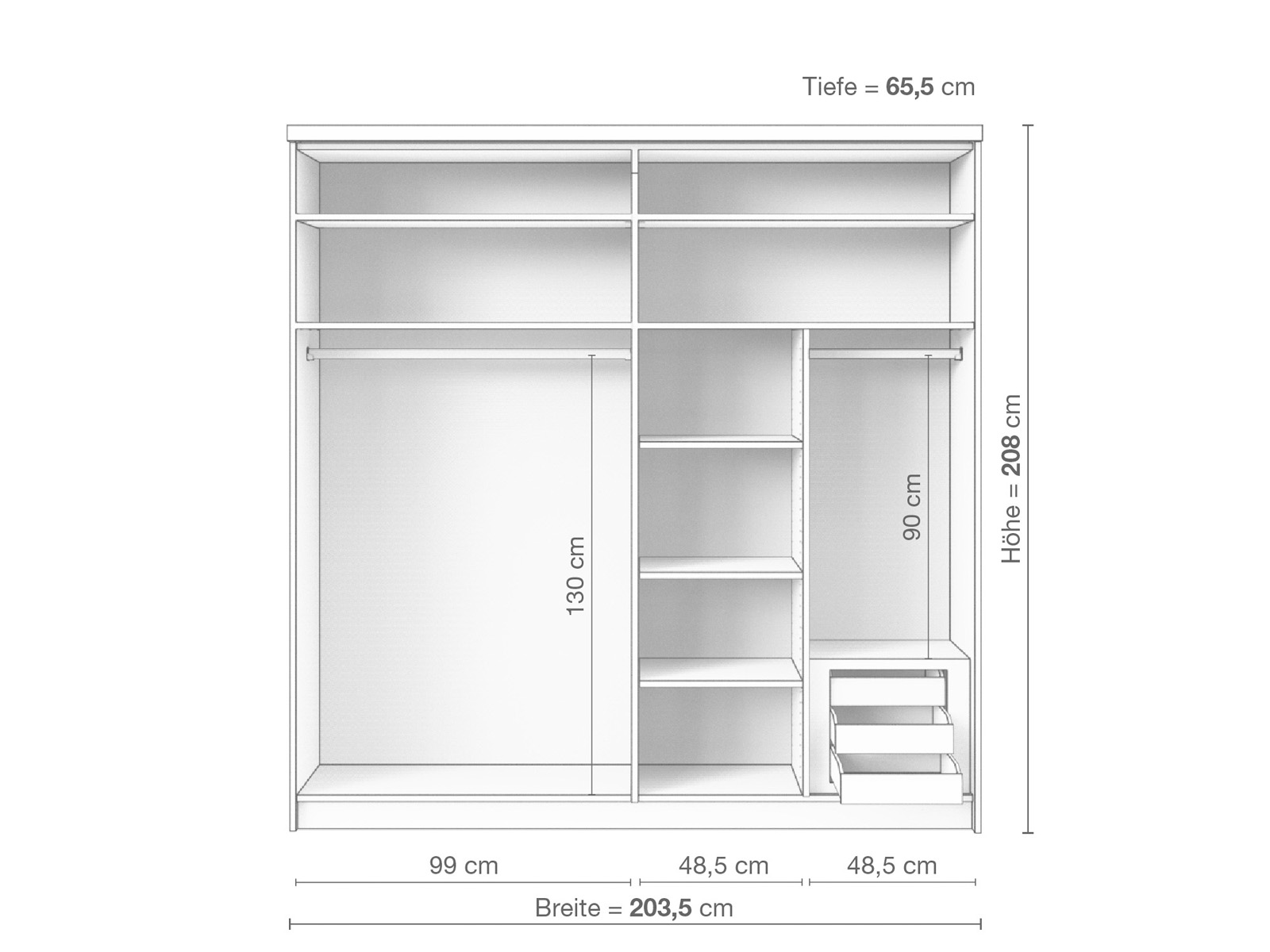 Zirbenschrank „Enzian", 2-türig breit, Höhe 208 cm, Inneneinrichtung C