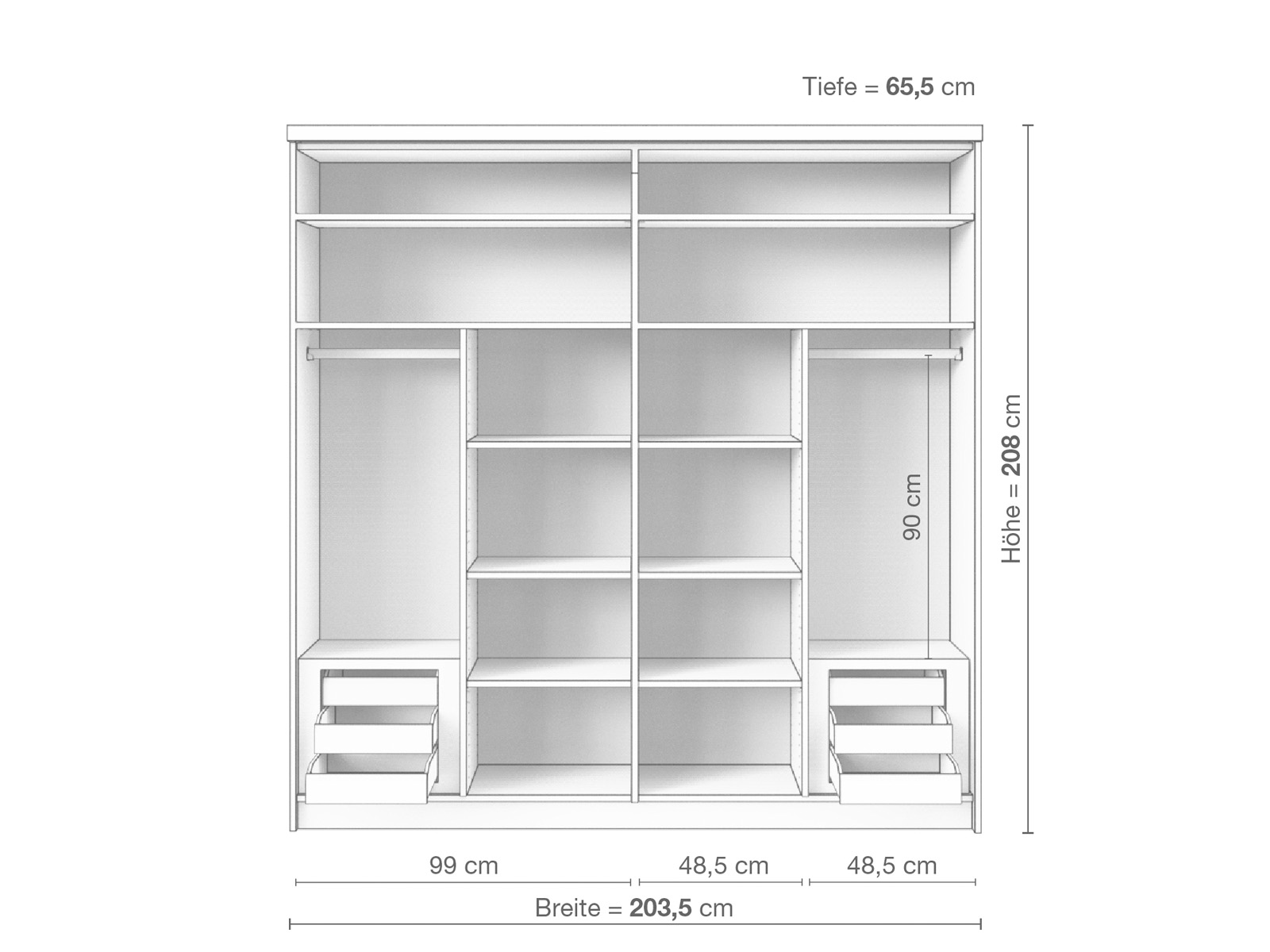 Zirbenschrank „Enzian", 2-türig breit, Höhe 208 cm, Inneneinrichtung D