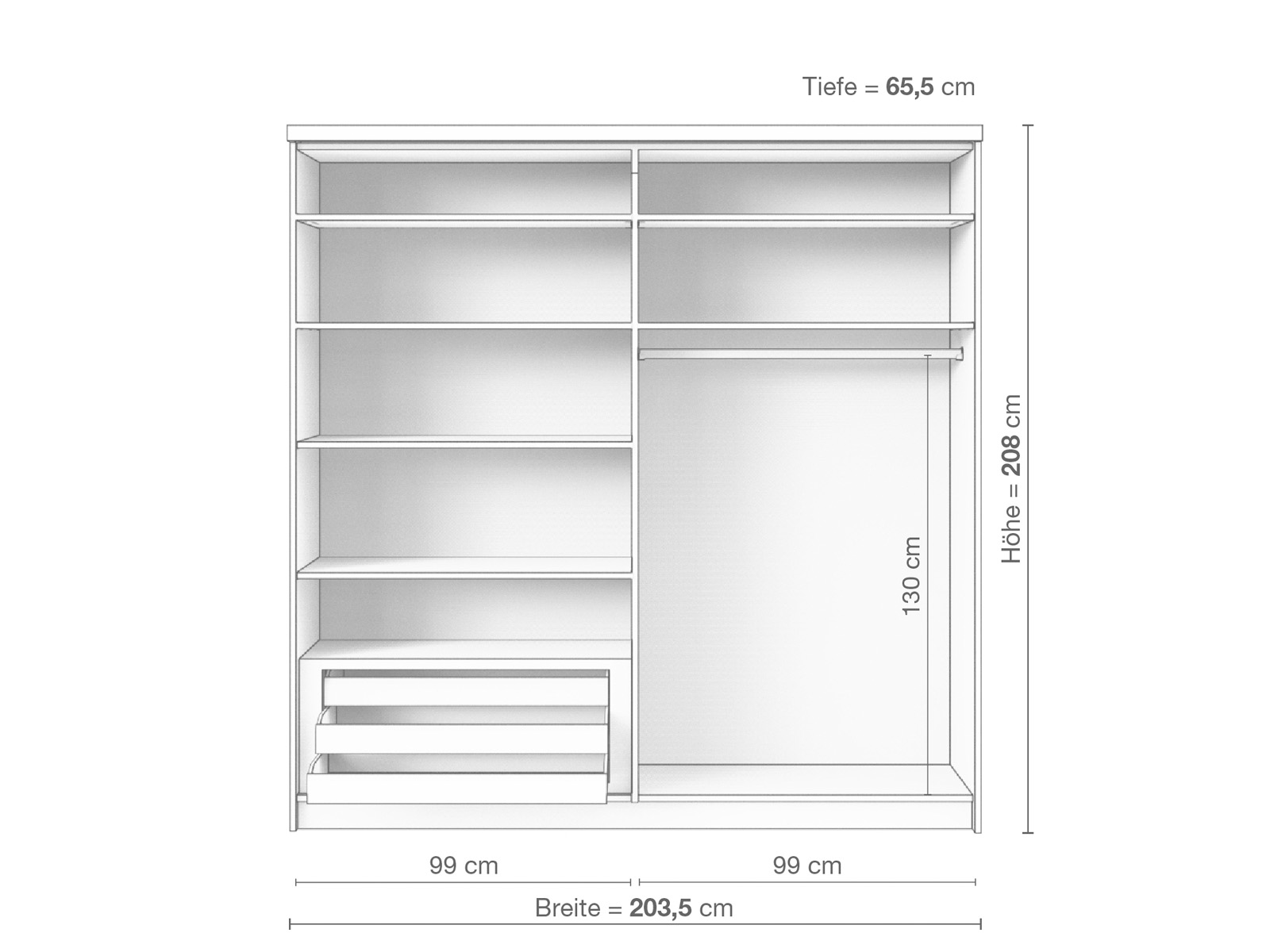 Zirbenschrank „Enzian", 2-türig breit, Höhe 208 cm, Inneneinrichtung E