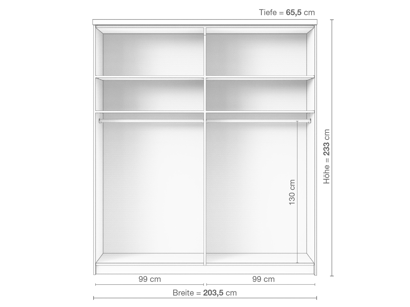 Zirbenschrank „Enzian", 2-türig breit, Höhe 233 cm, Inneneinrichtung A