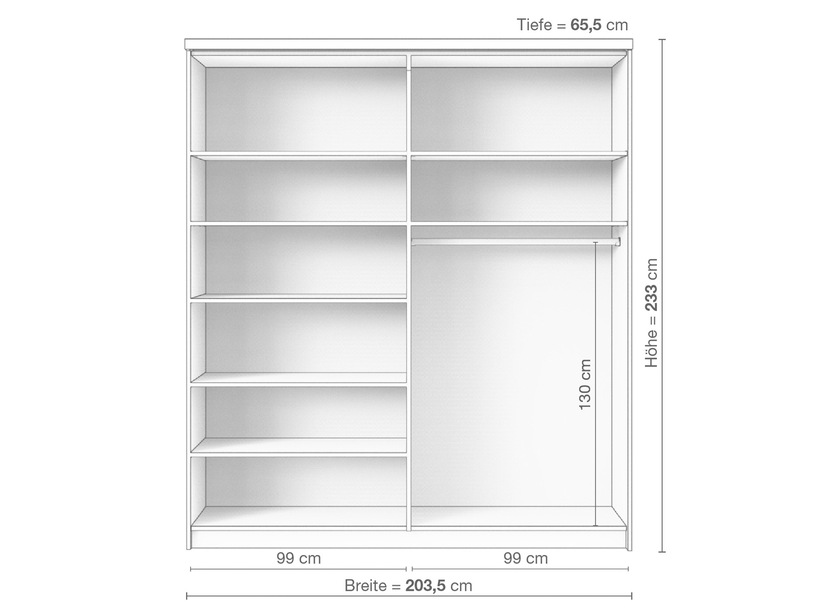 Zirbenschrank „Enzian", 2-türig breit, Höhe 233 cm, Inneneinrichtung B