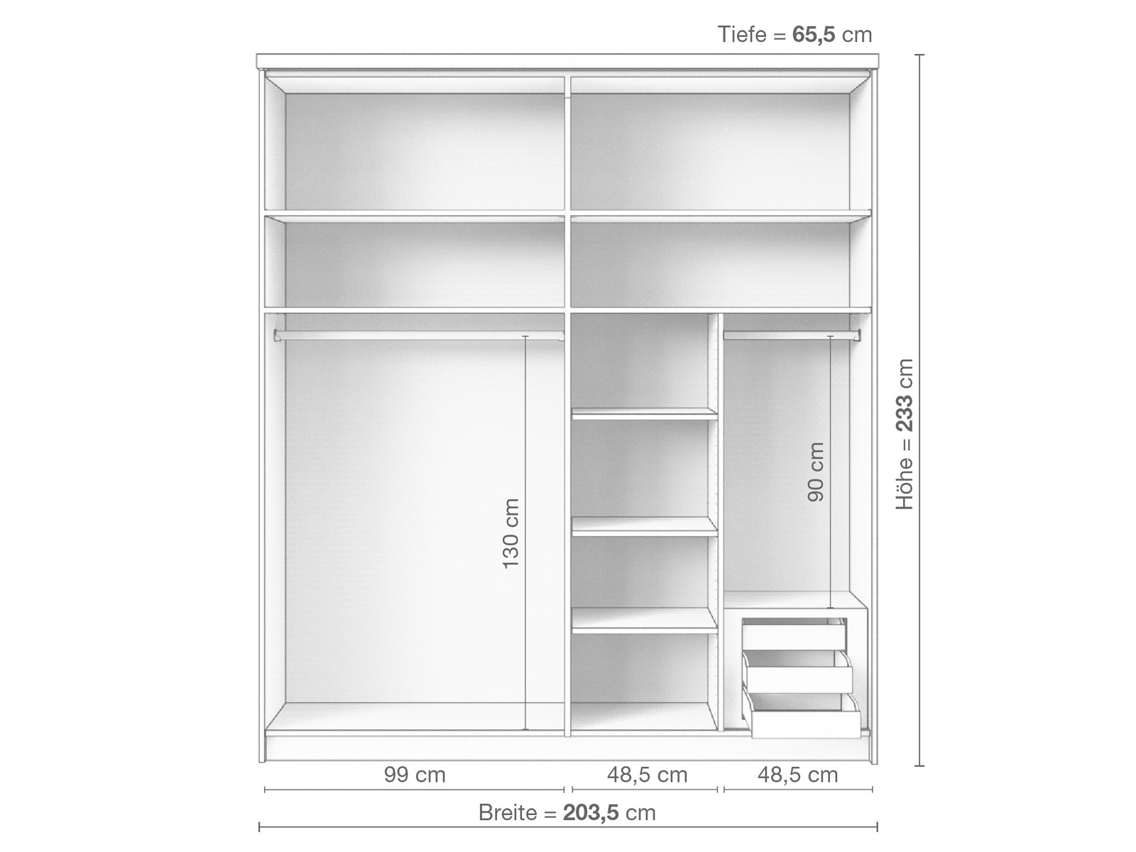 Zirbenschrank „Enzian", 2-türig breit, Höhe 233 cm, Inneneinrichtung C