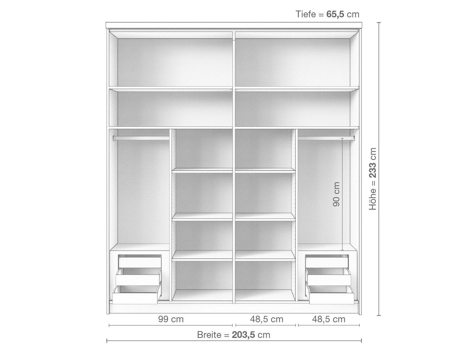 Zirbenschrank „Edelweiß", 2-türig breit, Höhe 233 cm, Inneneinrichtung D