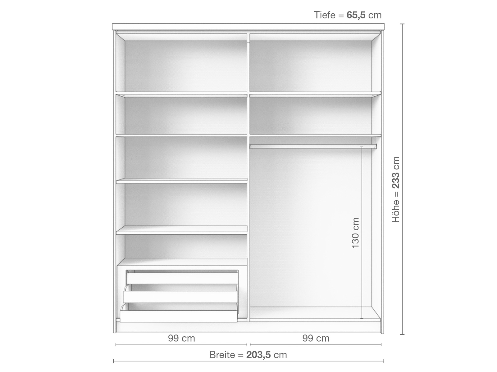 Zirbenschrank „Edelweiß", 2-türig breit, Höhe 233 cm, Inneneinrichtung E