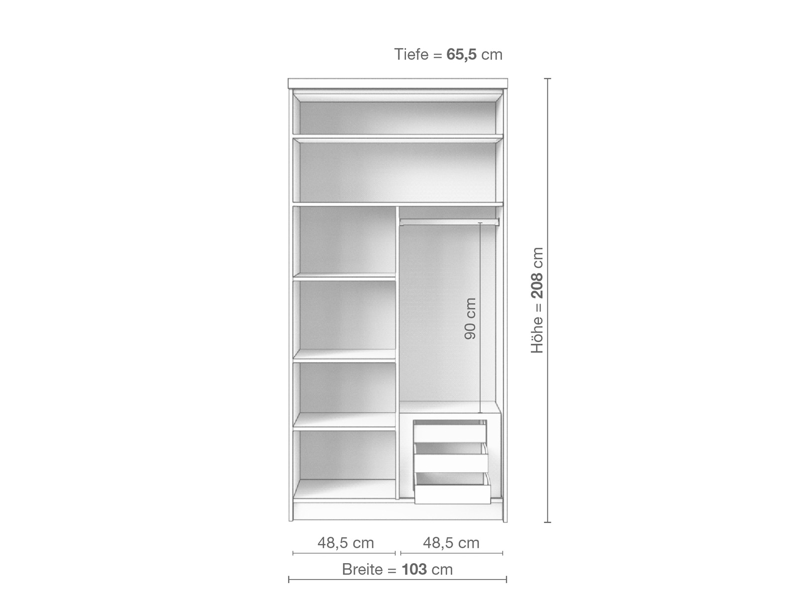 Zirbenschrank „Oskar", 2-türig schmal, Höhe 208 cm, Inneneinrichtung D