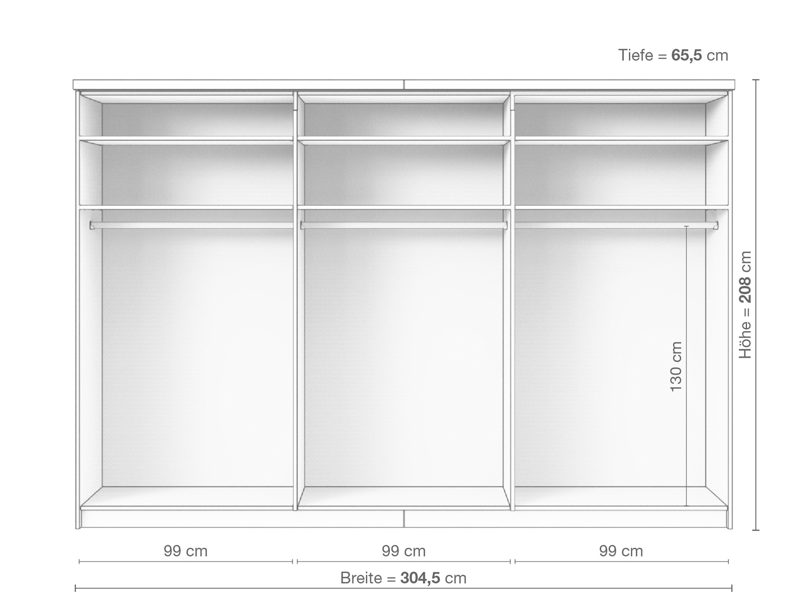 Zirbenschrank „Oskar", 3-türig breit, Höhe 208 cm, Inneneinrichtung A