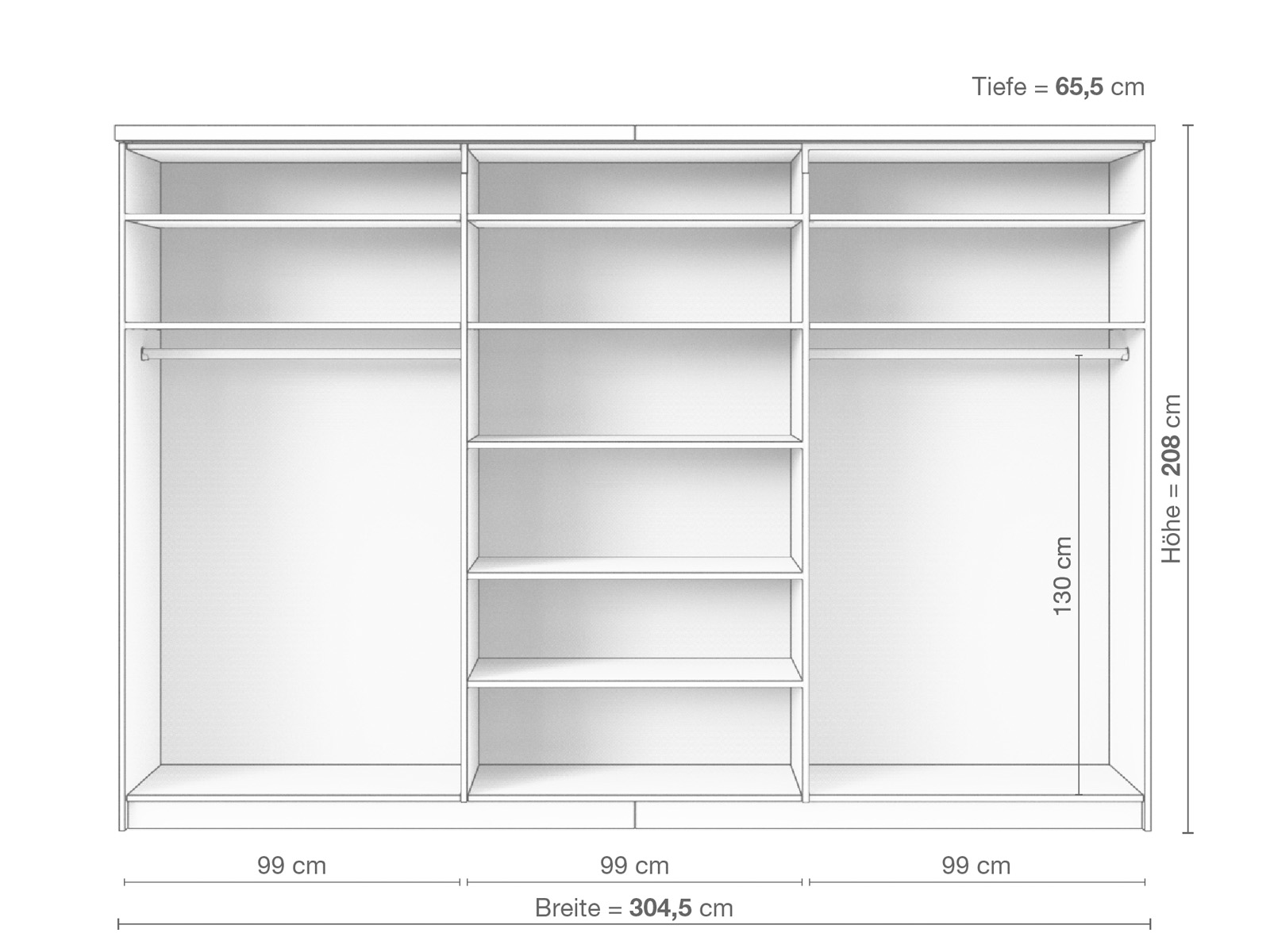 Zirbenschrank „Oskar", 3-türig breit, Höhe 208 cm, Inneneinrichtung B