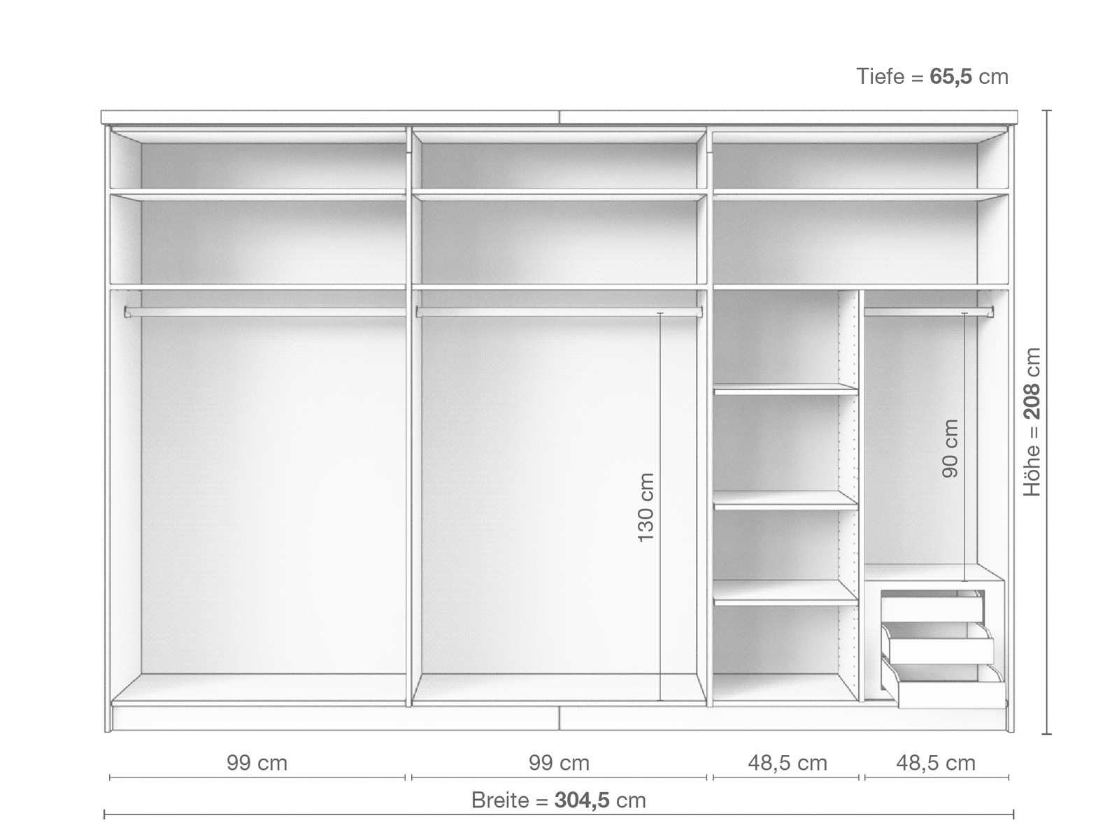 Zirbenschrank „Oskar", 3-türig breit, Höhe 208 cm, Inneneinrichtung C