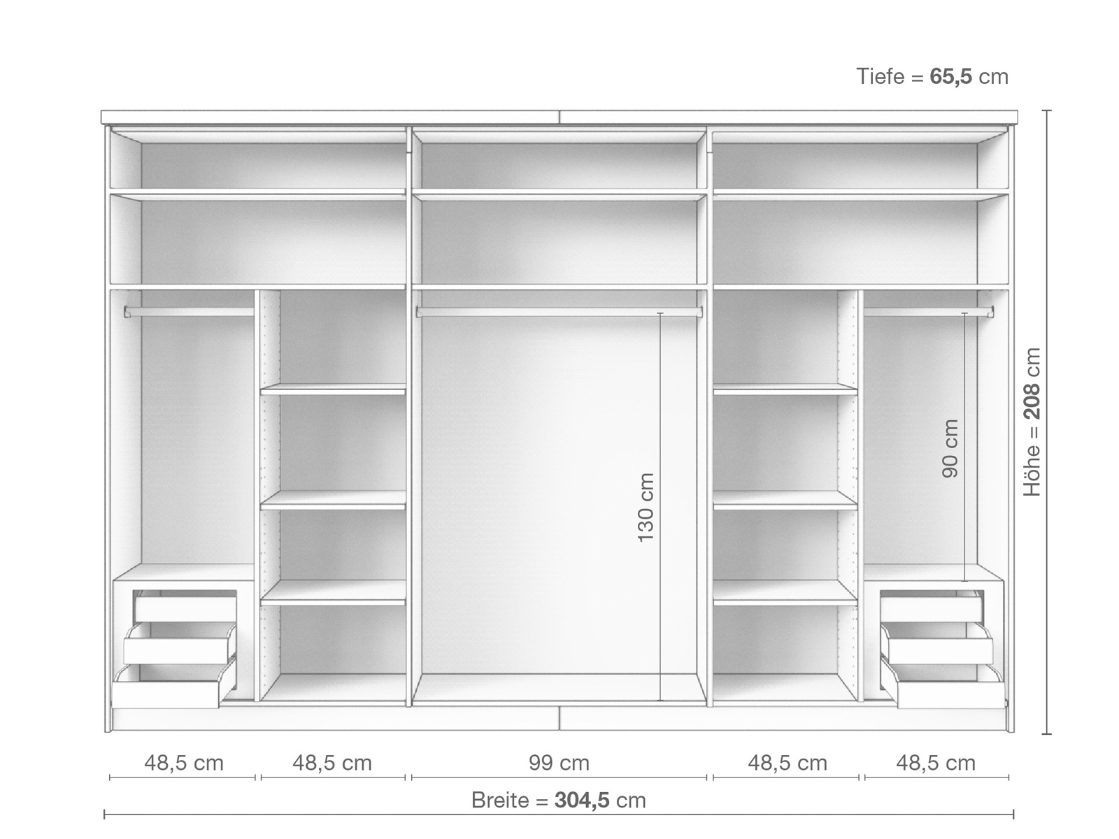 Zirbenschrank „Oskar", 3-türig breit, Höhe 208 cm, Inneneinrichtung D