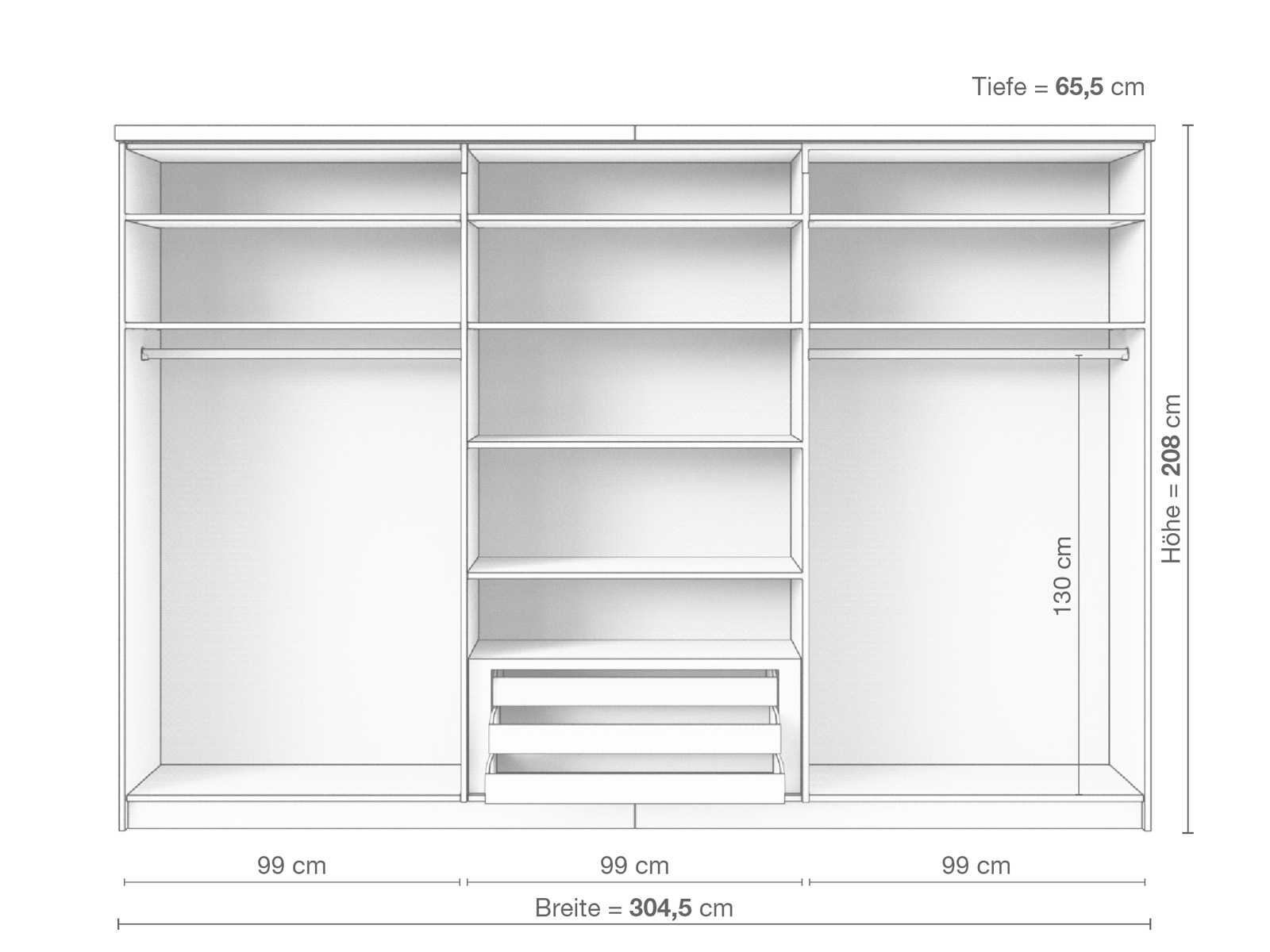 Zirbenschrank „Oskar", 3-türig breit, Höhe 208 cm, Inneneinrichtung E