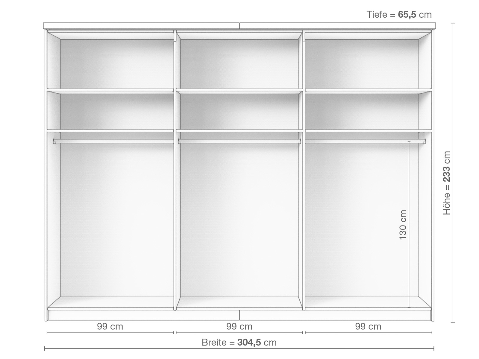 Zirbenschrank „Oskar", 3-türig breit, Höhe 233 cm, Inneneinrichtung A