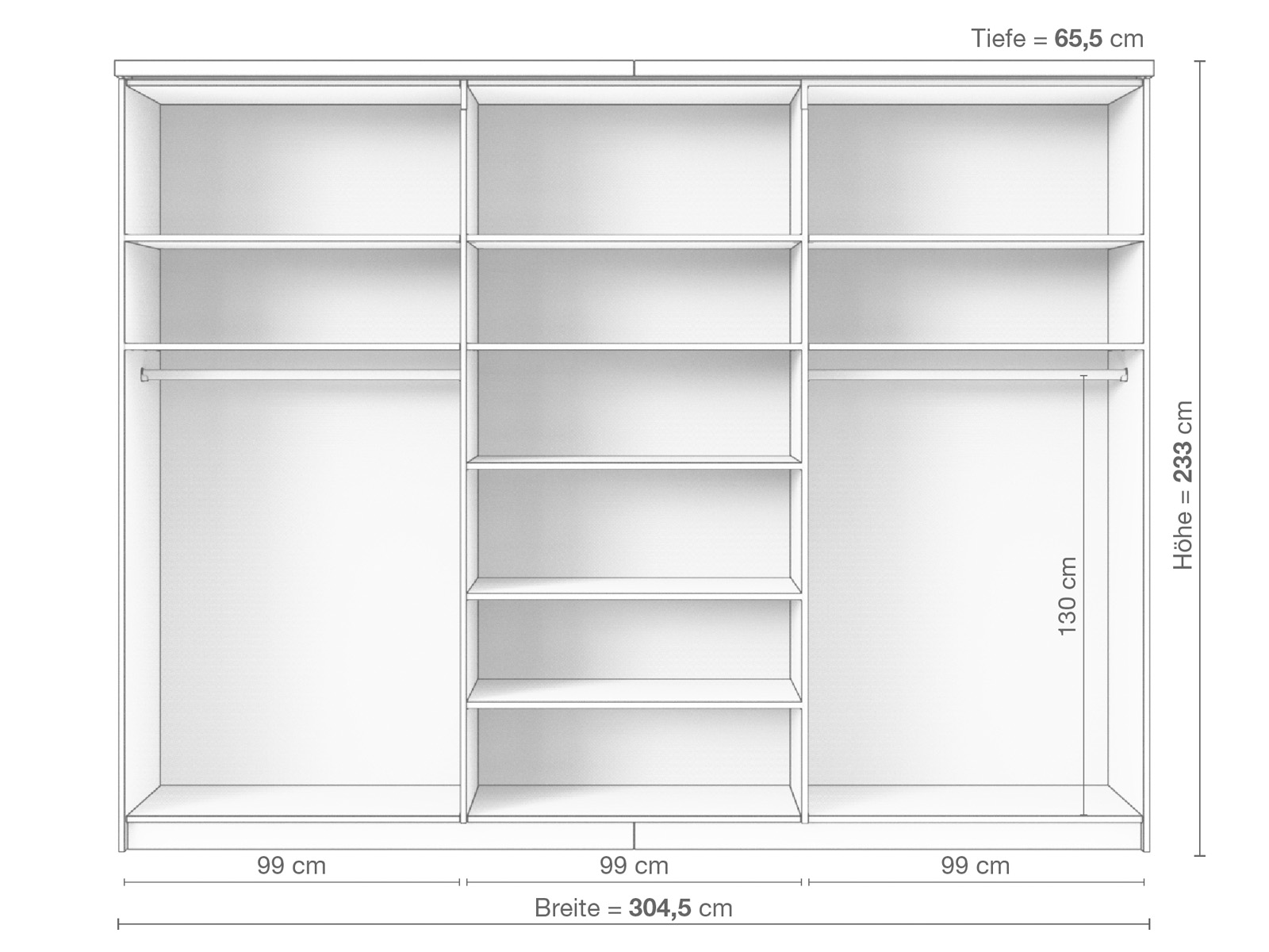 Zirbenschrank „Oskar", 3-türig breit, Höhe 233 cm, Inneneinrichtung B