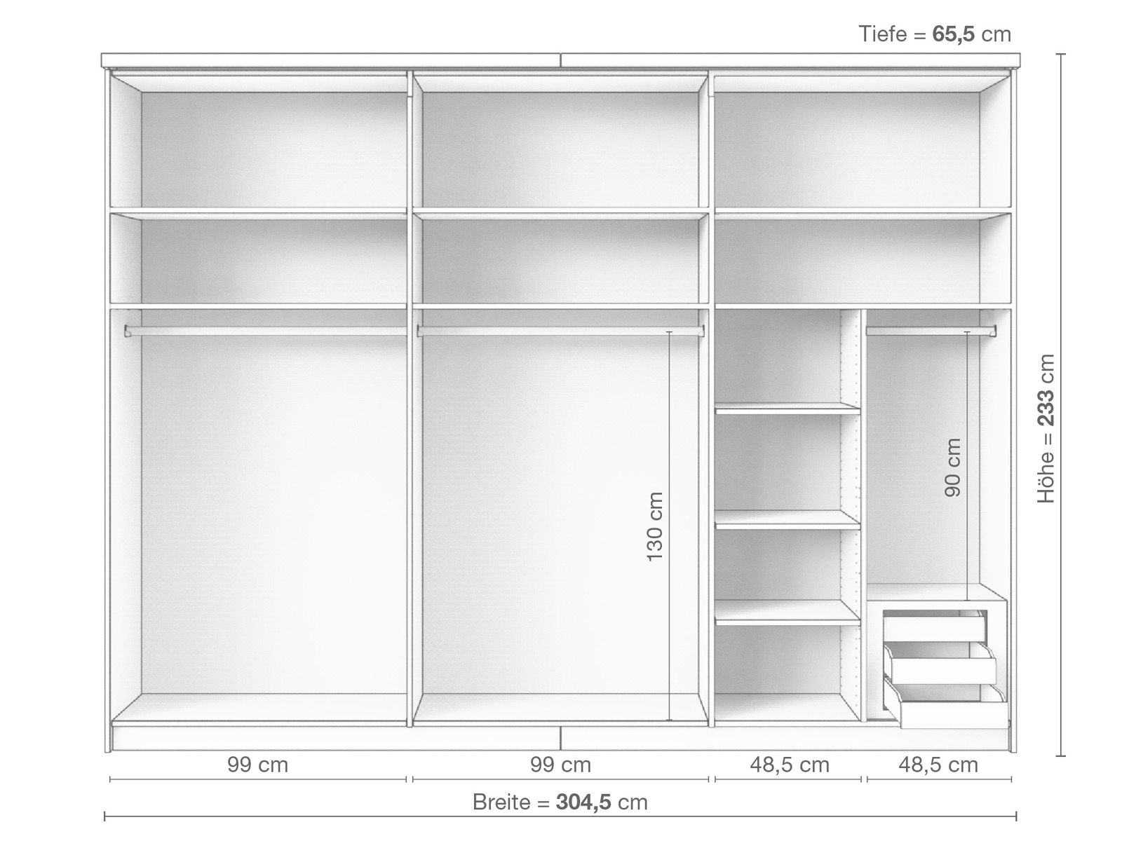 Zirbenschrank „Oskar", 3-türig breit, Höhe 233 cm, Inneneinrichtung C