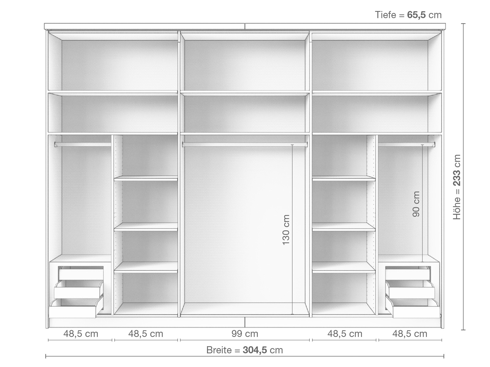 Zirbenschrank „Oskar", 3-türig breit, Höhe 233 cm, Inneneinrichtung D