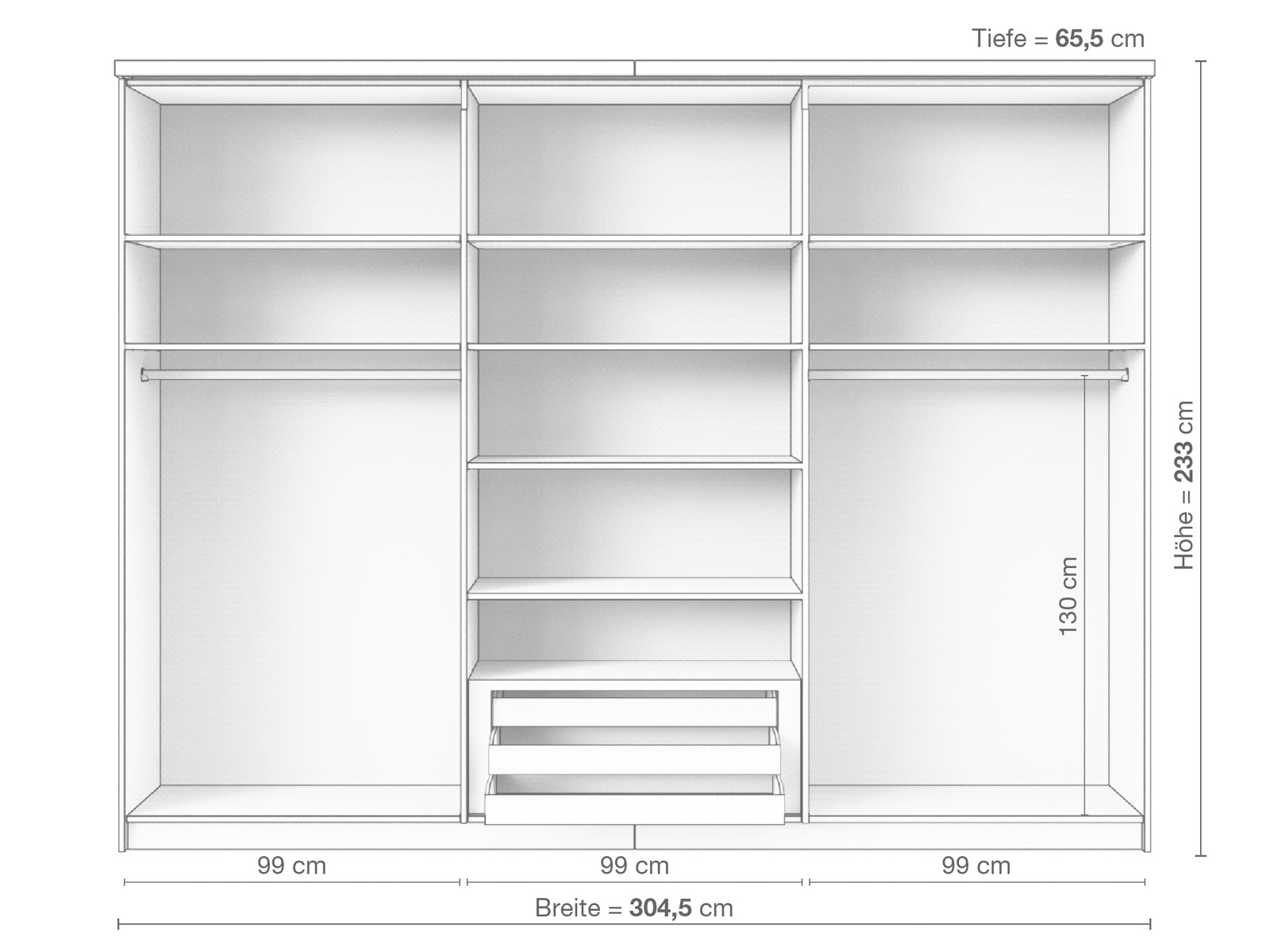 Zirbenschrank „Oskar", 3-türig breit, Höhe 233 cm, Inneneinrichtung E