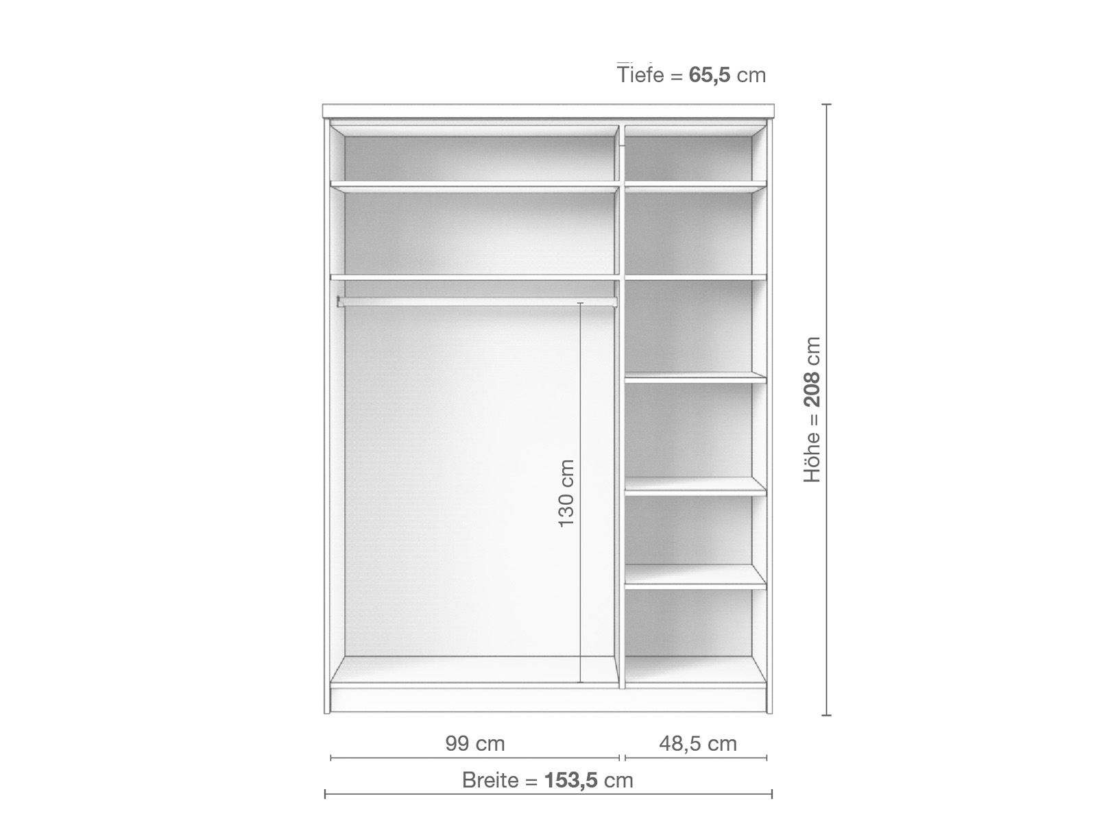 Zirbenschrank „Enzian", 3-türig schmal, Höhe 208 cm, Inneneinrichtung B