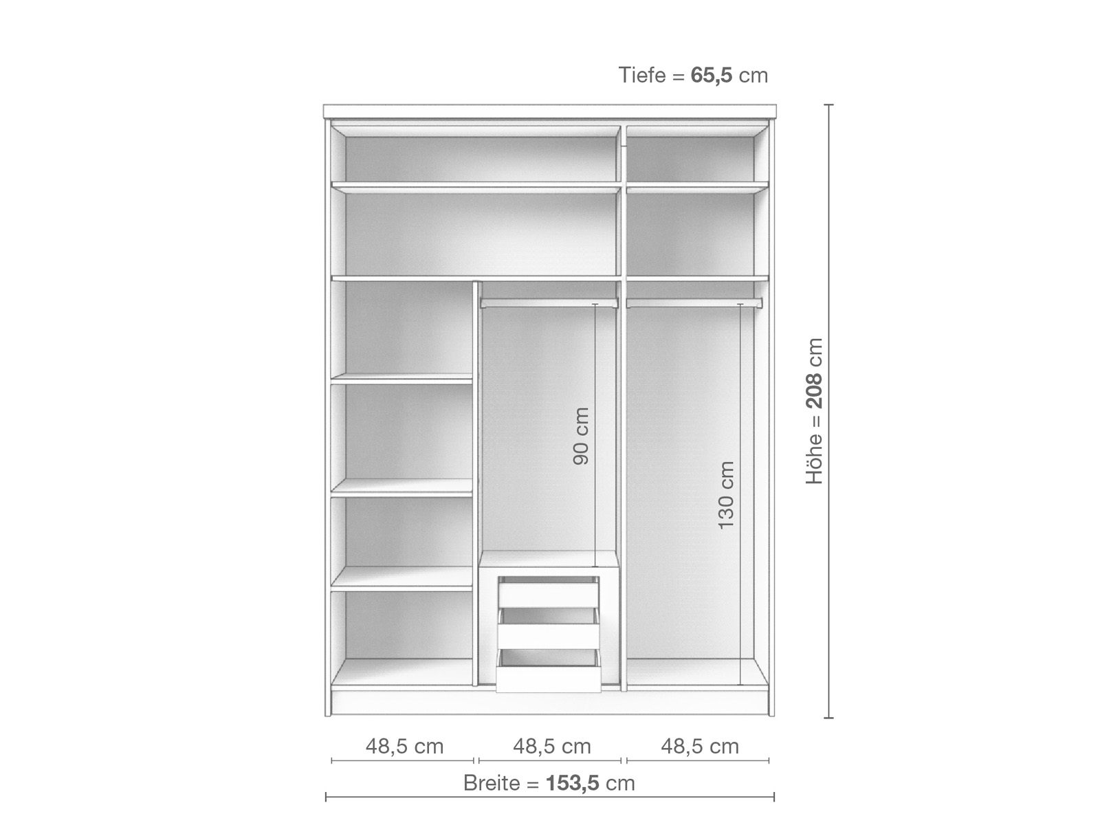 Zirbenschrank „Oskar", 3-türig schmal, Höhe 208 cm, Inneneinrichtung D