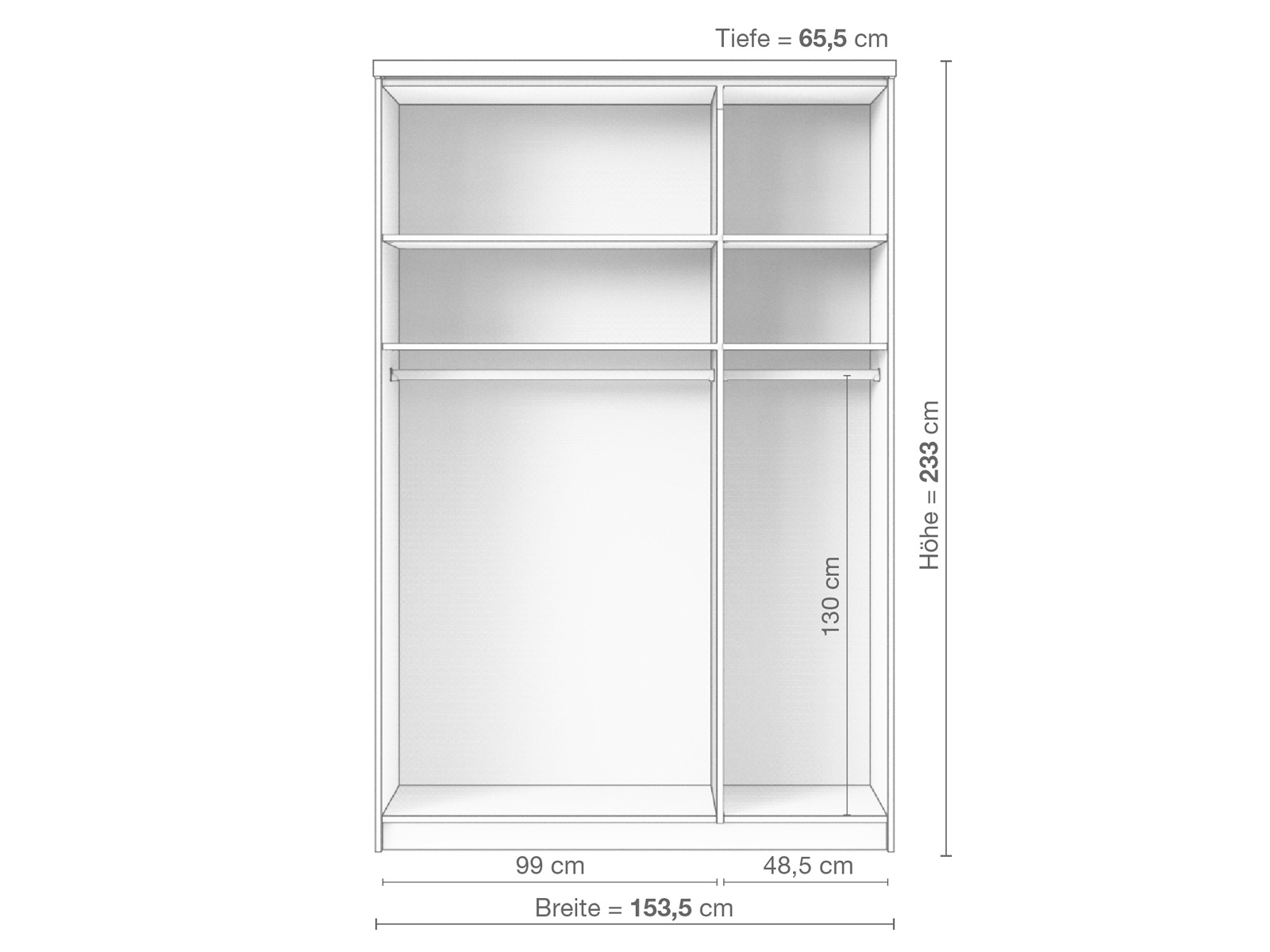 Zirbenschrank „Oskar", 3-türig schmal, Höhe 233 cm, Inneneinrichtung A