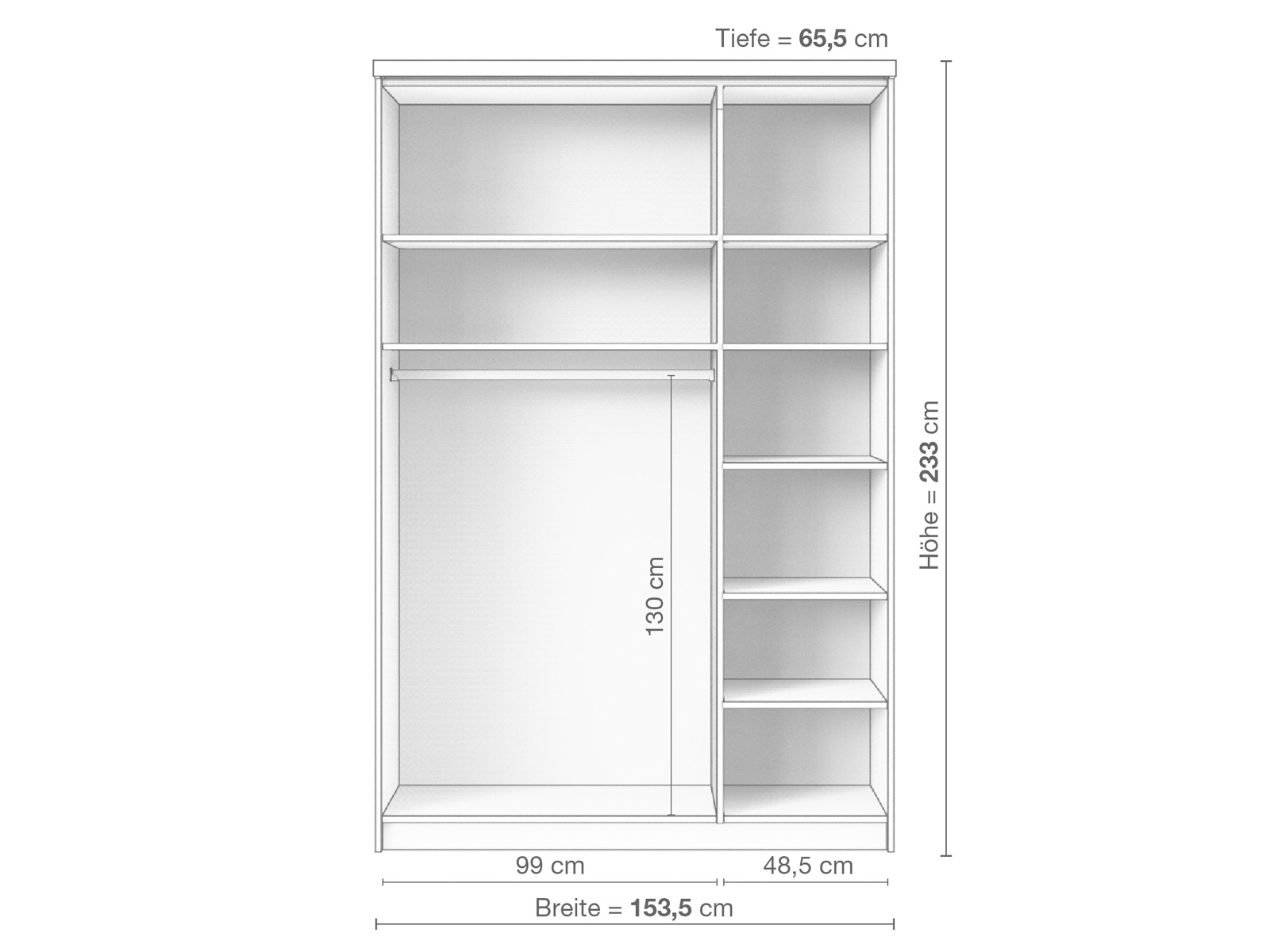 Zirbenschrank „Oskar", 3-türig schmal, Höhe 233 cm, Inneneinrichtung B