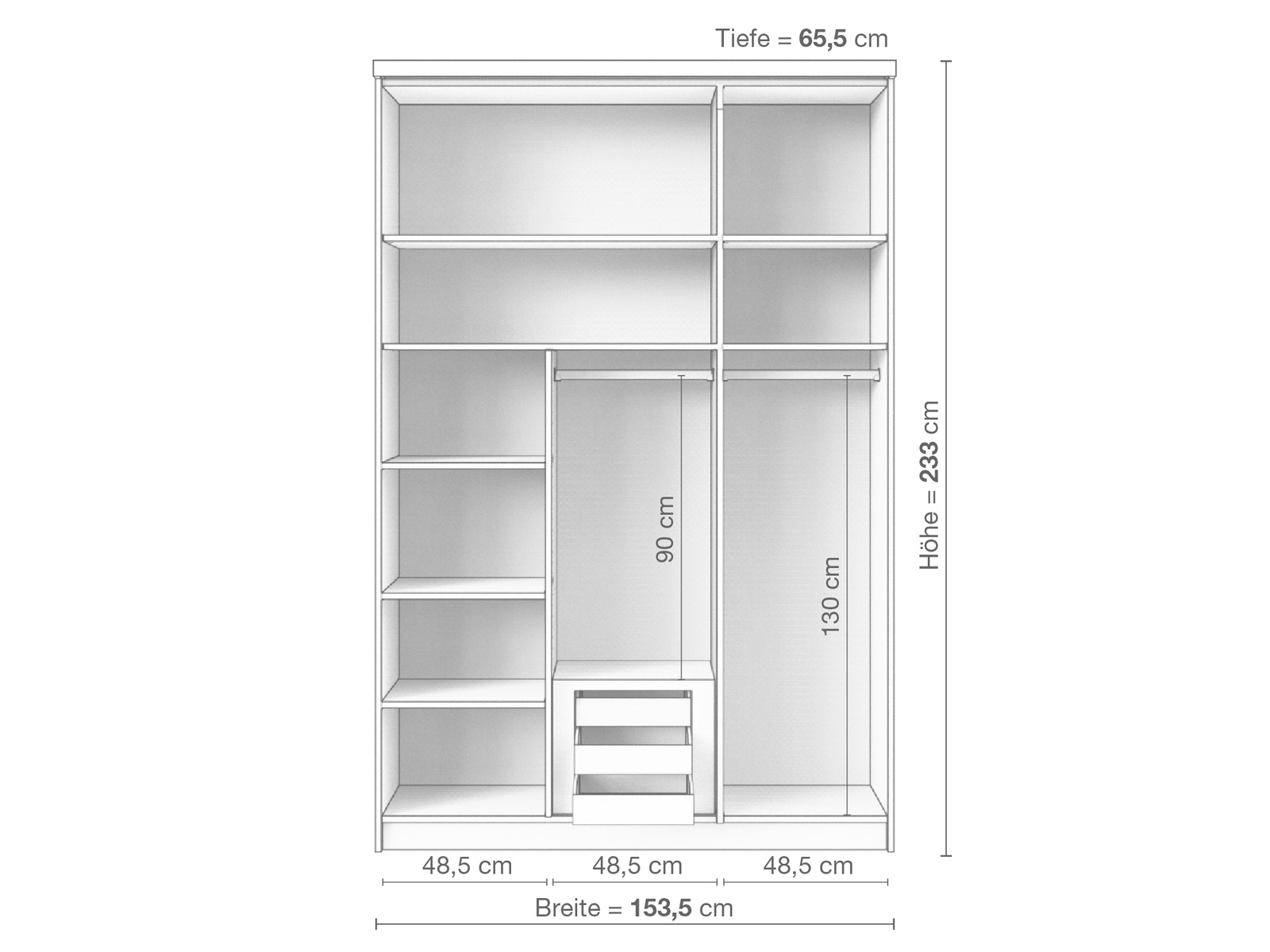 Zirbenschrank „Oskar", 3-türig schmal, Höhe 233 cm, Inneneinrichtung D