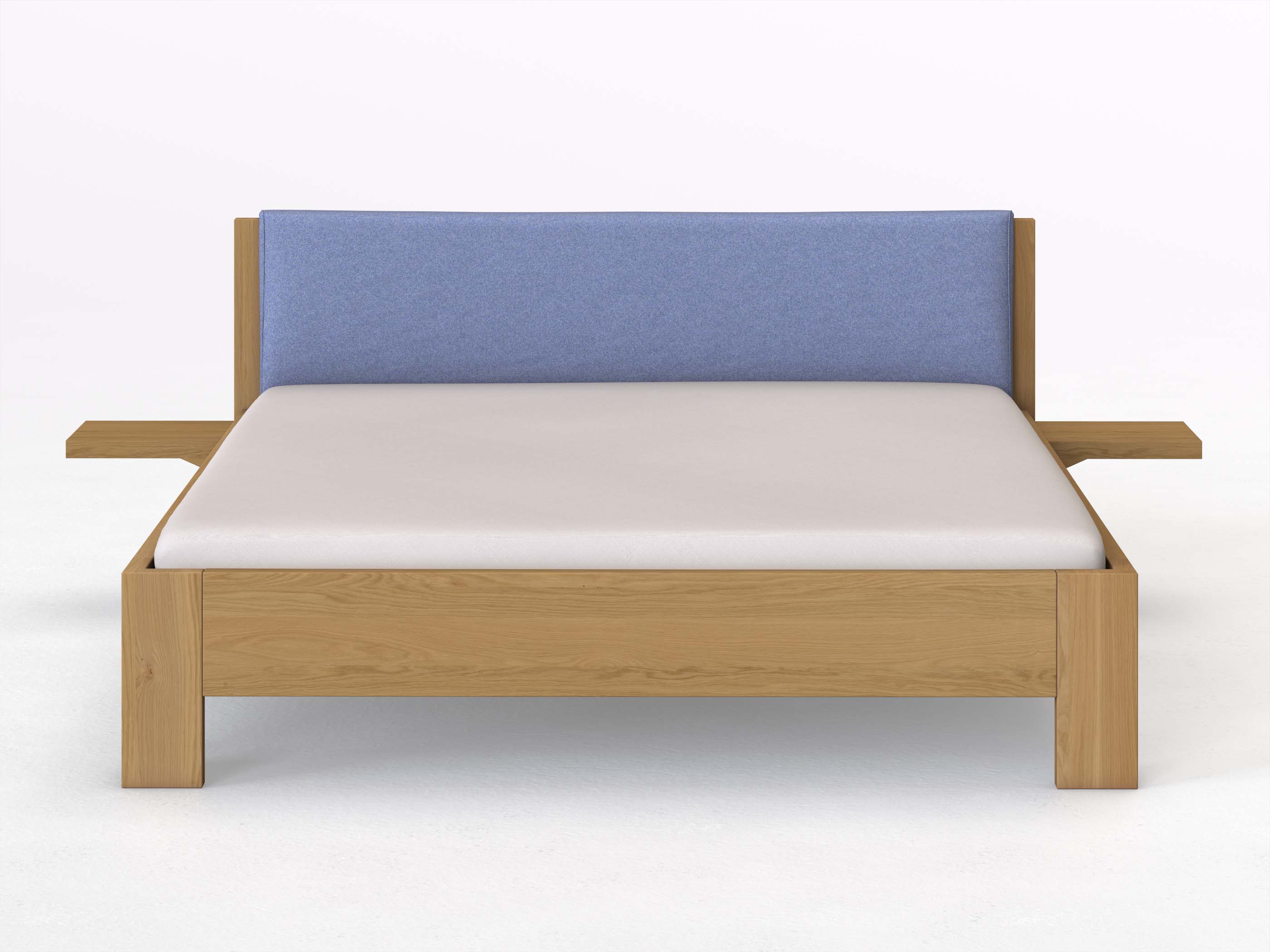 Eichenbett Hell „Alois“ in 180 x 200 cm mit 2 Ablagen und Stoffkopfteil - Stoff: Schafschurwolle „Fischgrät“ in der Farbe Kornblume