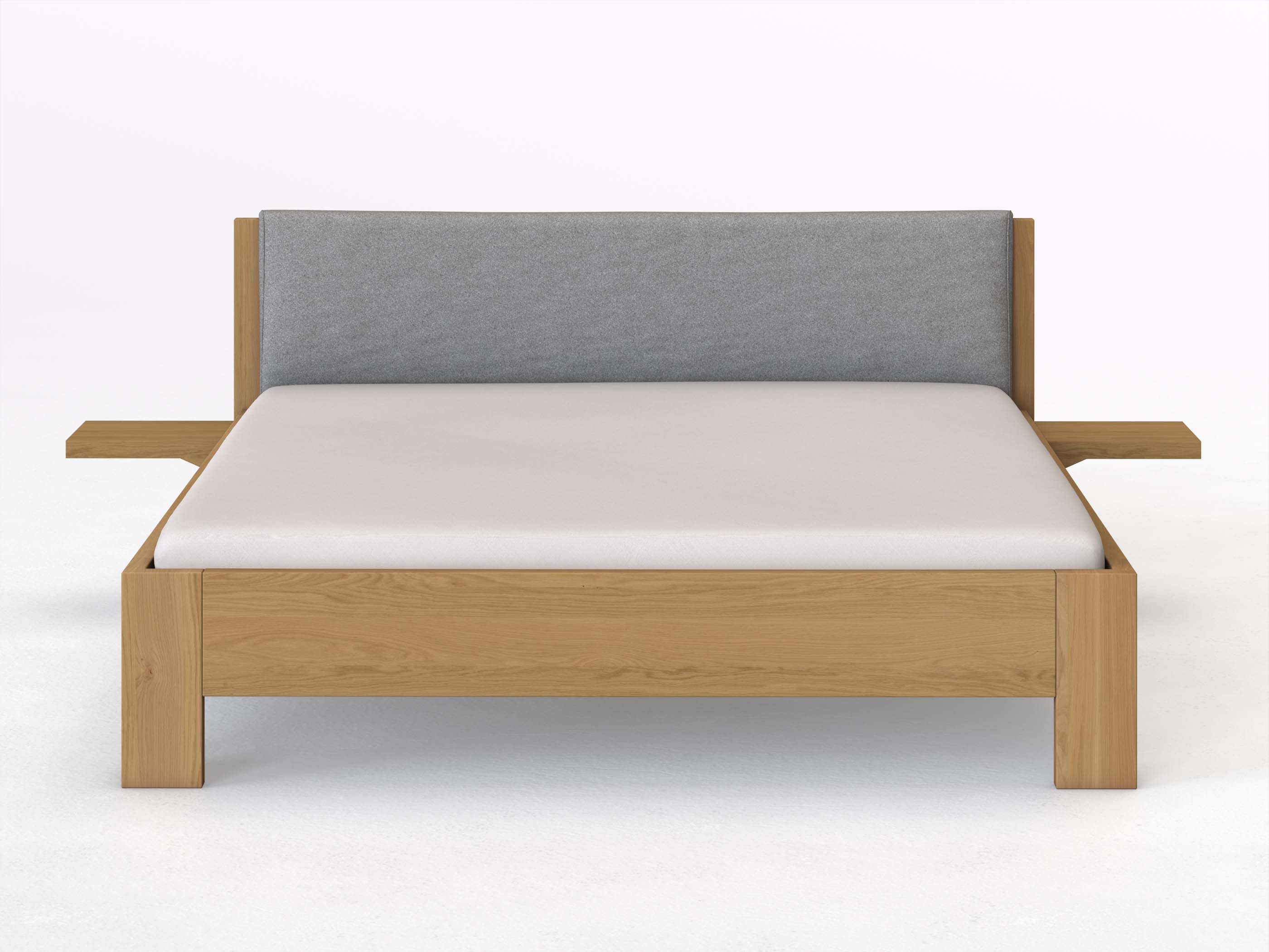 Eichenbett Hell „Alois“ in 180 x 200 cm mit 2 Ablagen und Stoffkopfteil - Stoff: Schafschurwolle „Loden“ in der Farbe Nebelgrau