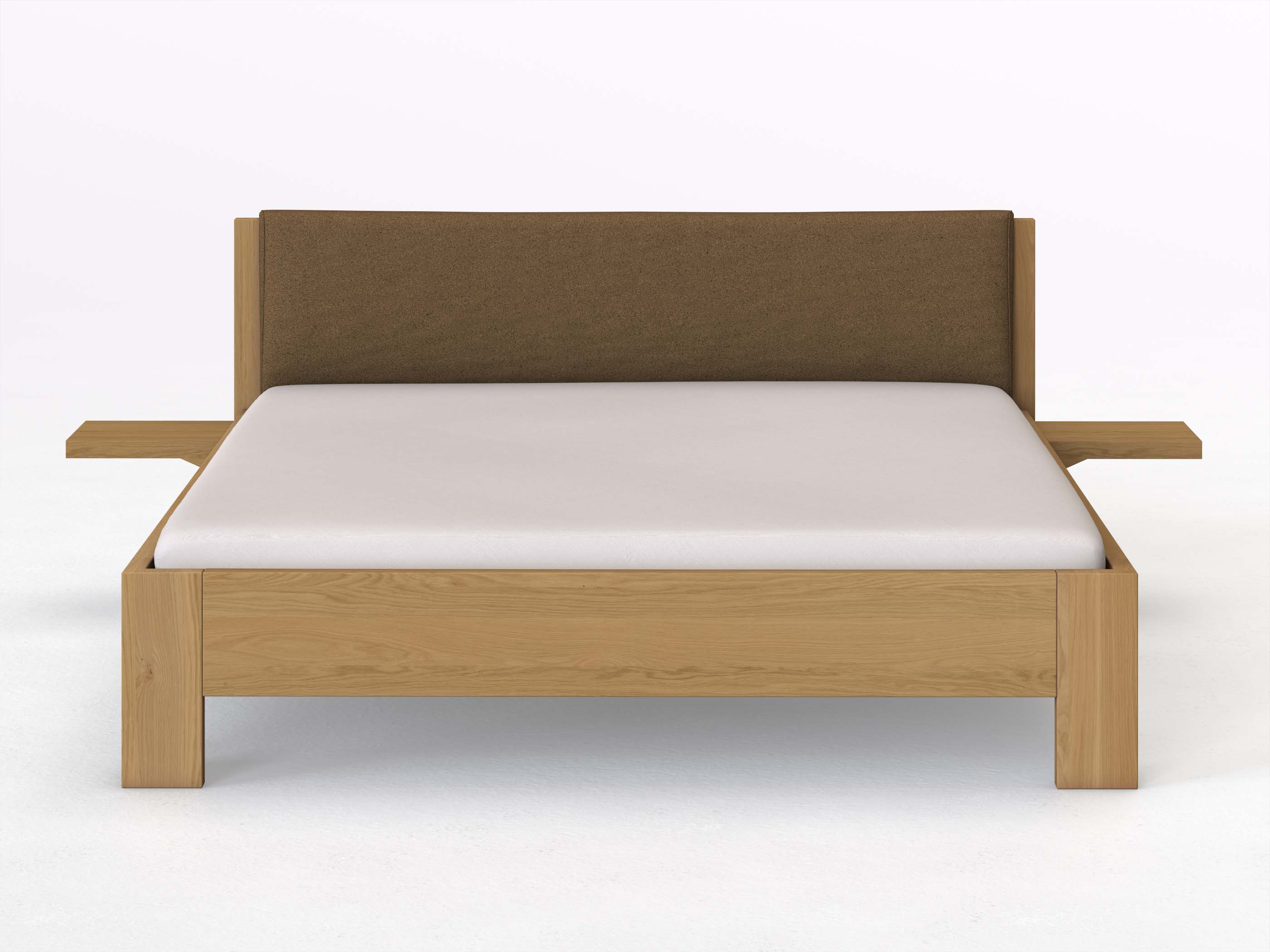 Eichenbett Hell „Alois“ in 180 x 200 cm mit 2 Ablagen und Stoffkopfteil - Stoff: Schafschurwolle „Loden“ in der Farbe Zimtrinde