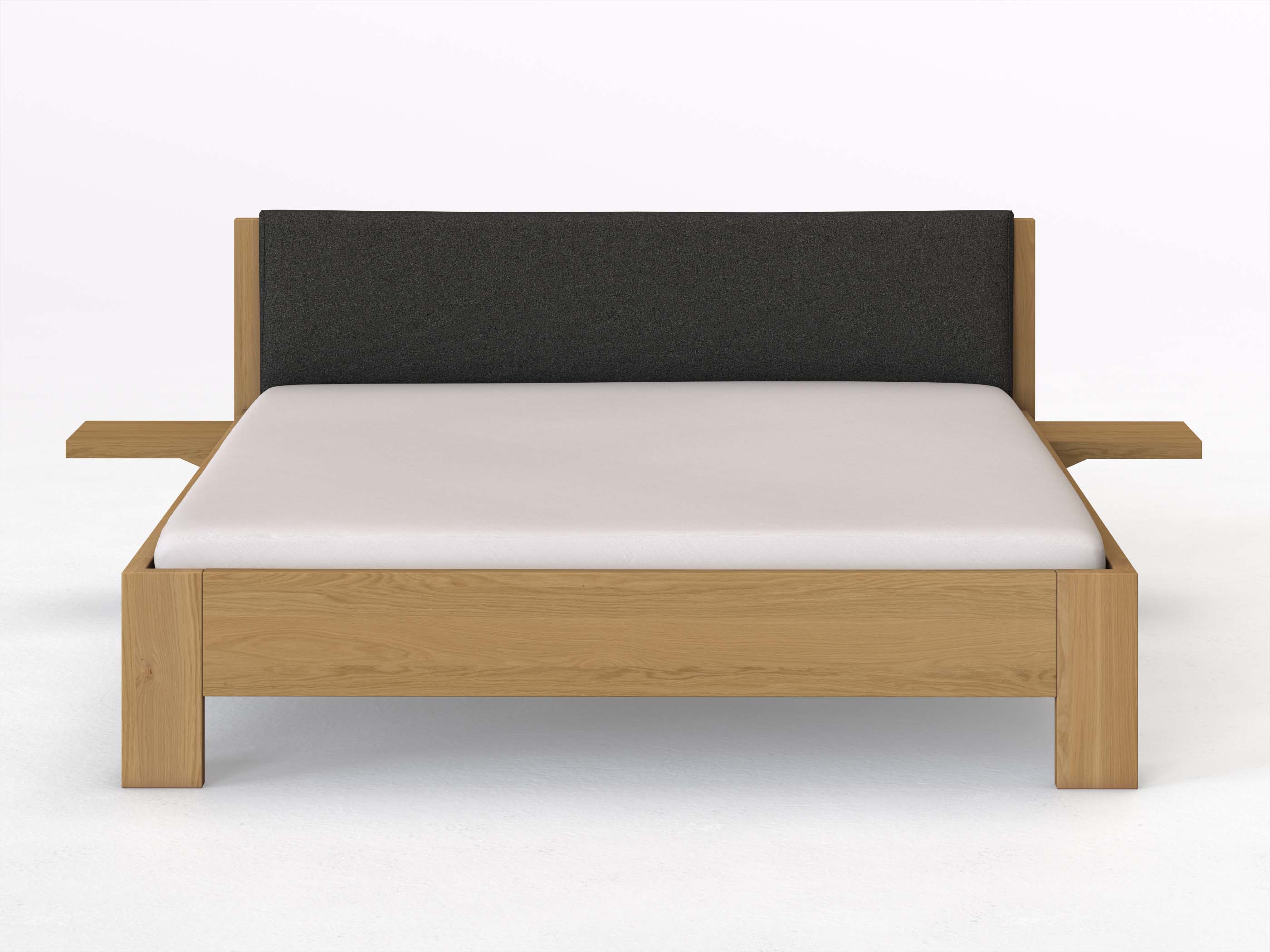 Eichenbett Hell „Alois“ in 180 x 200 cm mit 2 Ablagen und Stoffkopfteil - Stoff: Schafschurwolle „Loden“ in der Farbe Anthrazit