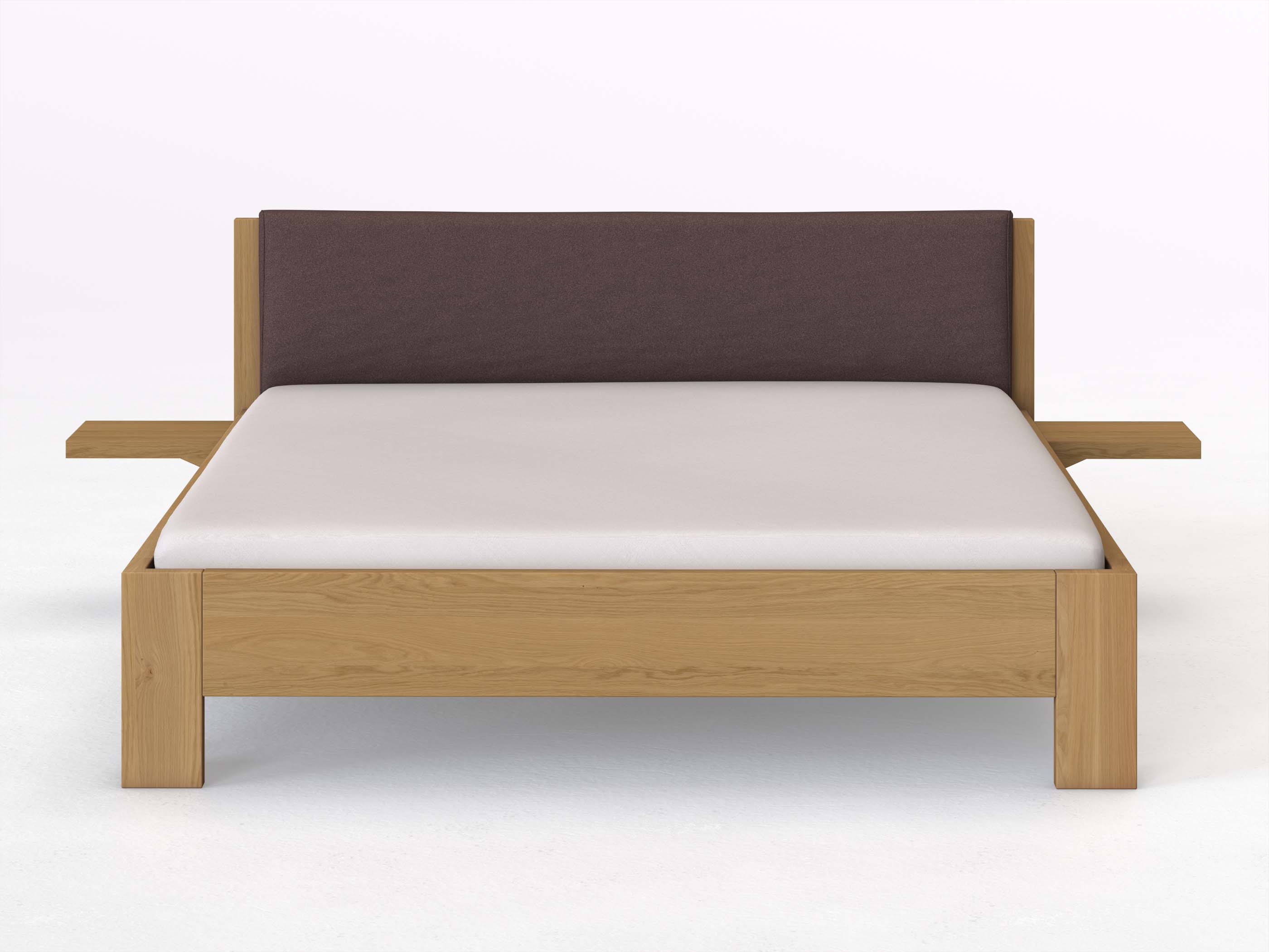 Eichenbett Hell „Alois“ in 180 x 200 cm mit 2 Ablagen und Stoffkopfteil - Stoff: Schafschurwolle „Loden“ in der Farbe Abenddämmerung