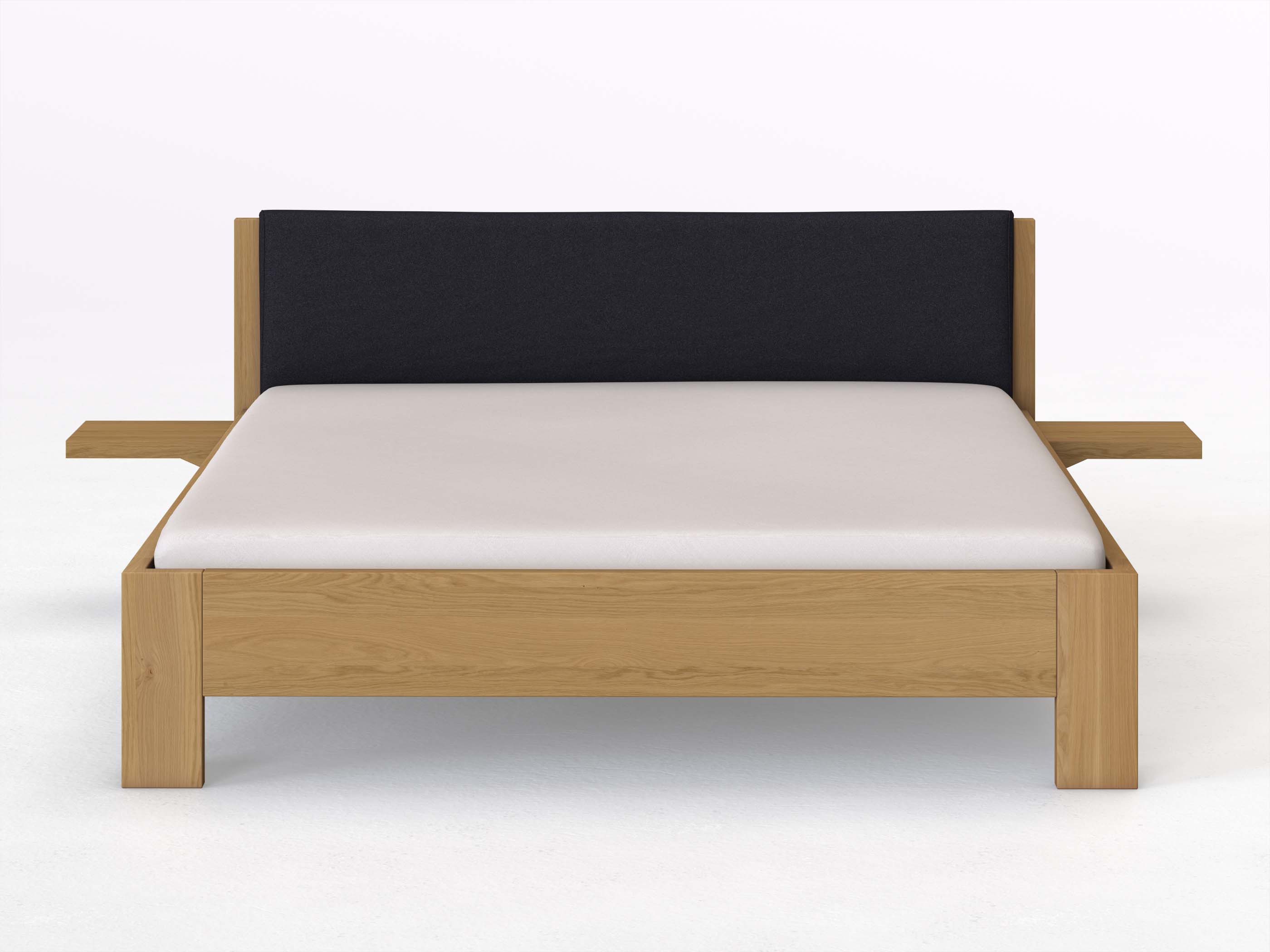 Eichenbett Hell „Alois“ in 180 x 200 cm mit 2 Ablagen und Stoffkopfteil - Stoff: Schafschurwolle „Loden“ in der Farbe Nachtblau