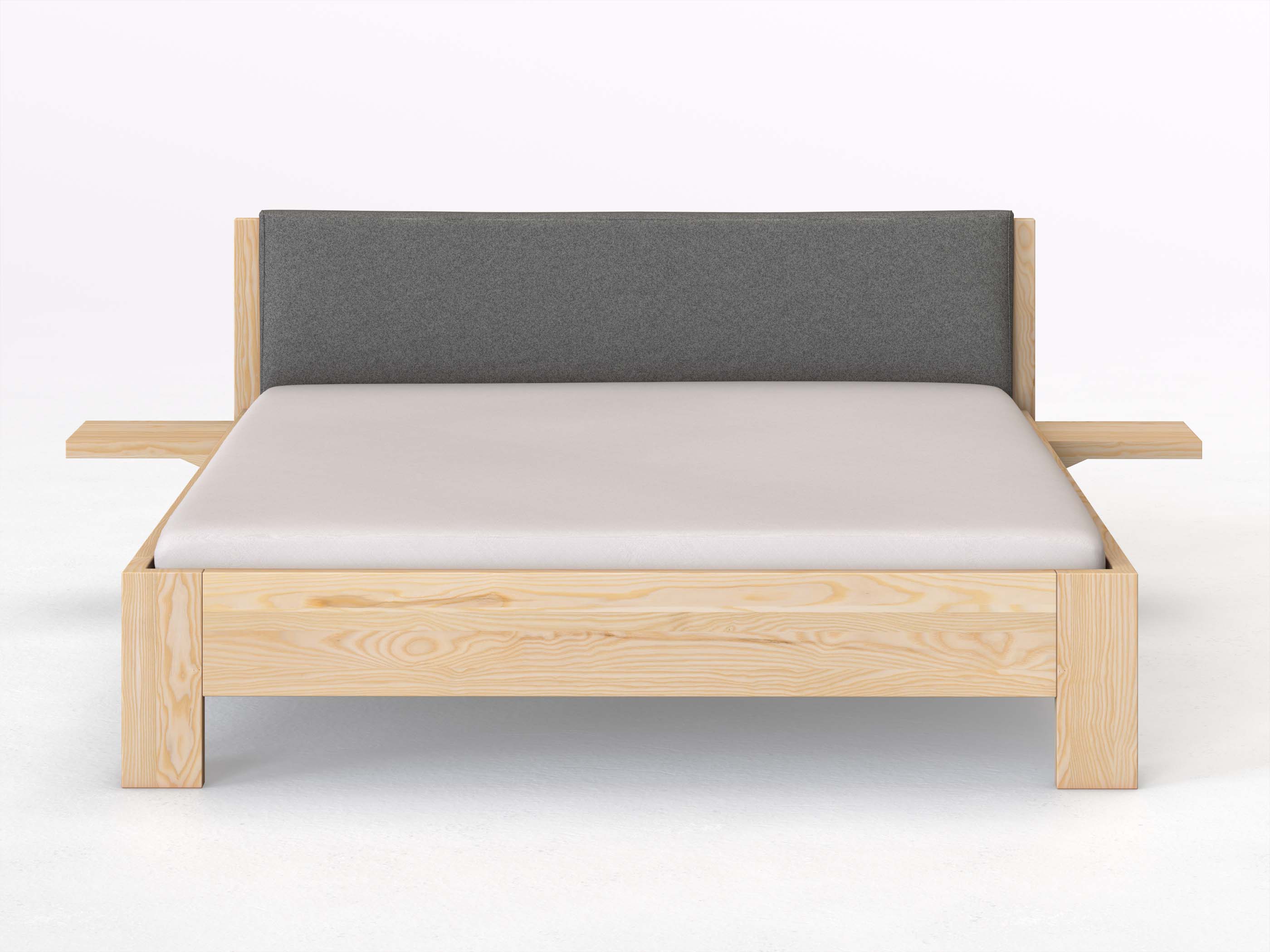 Eschenbett „Alois“ in 180 x 200 cm mit 2 Ablagen und Stoffkopfteil - Stoff: Schafschurwolle „Fischgrät“ in der Farbe Grauer Mohn