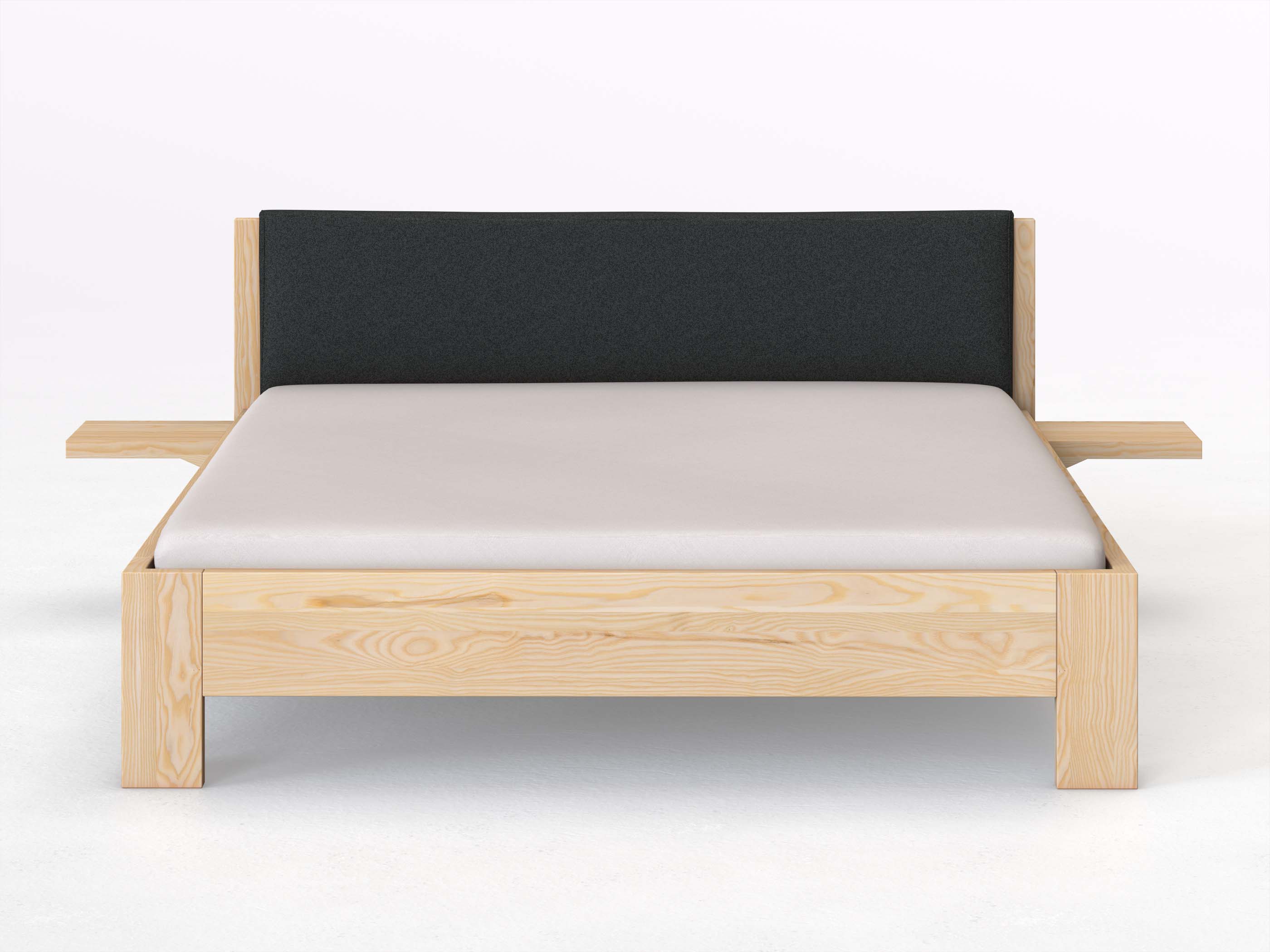 Eschenbett „Alois“ in 180 x 200 cm mit 2 Ablagen und Stoffkopfteil - Stoff: Schafschurwolle „Fischgrät“ in der Farbe Wacholderbeere